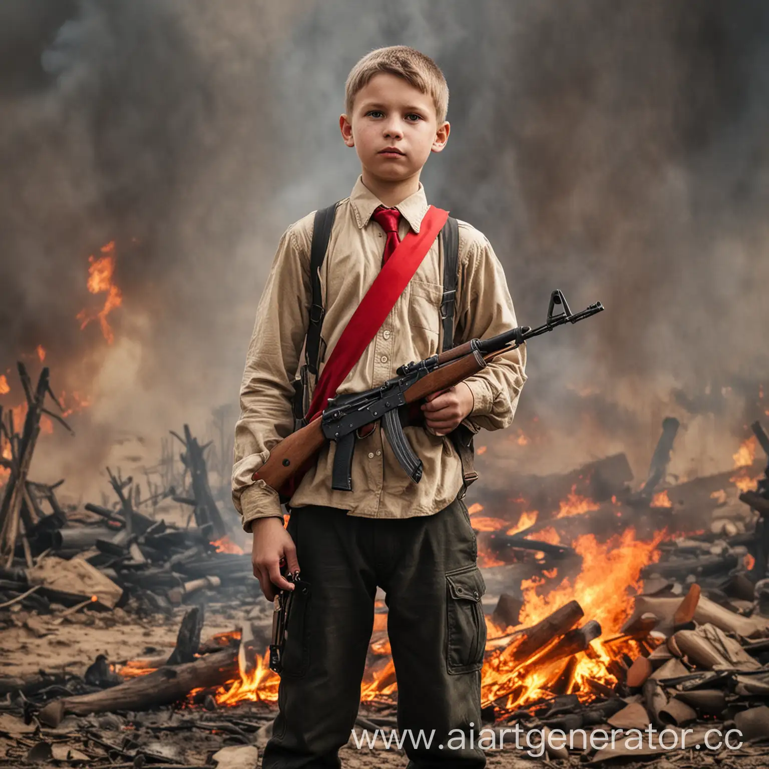 Молодой пионер с красным галстуком с ак47 в руках на фоне войны и горящий расстрелянный флаг Украины