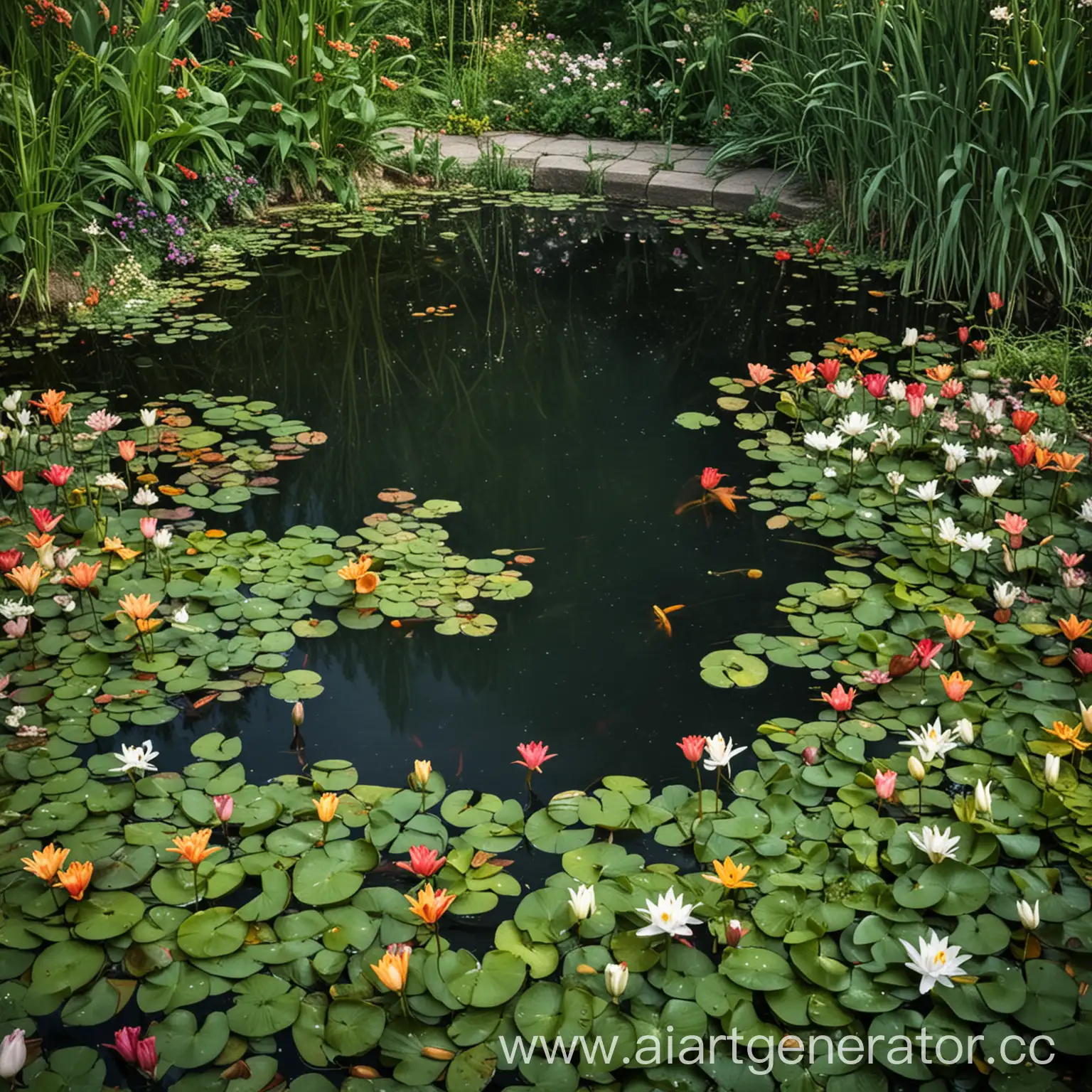 Tranquil-Pond-with-Lily-Pads-and-Colorful-Flowers