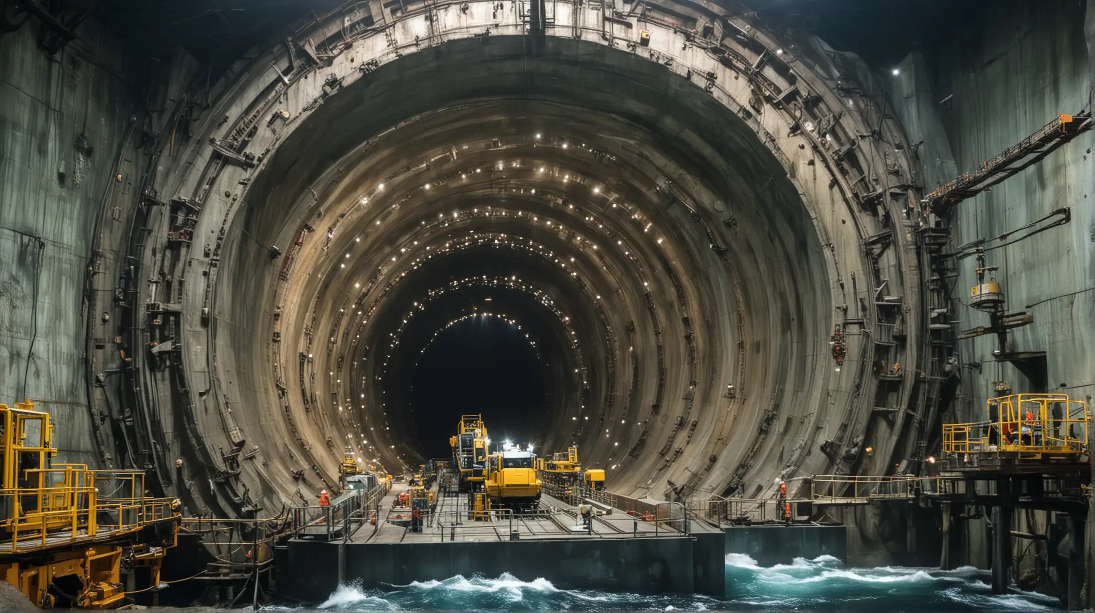 a MODERN massive long undersea tunnel drilling machine, viewed from outside constructing a very huge undersea tunnel, world's largest, projecting in the ocean that is almost complete and very beautiful and huge, modern technology