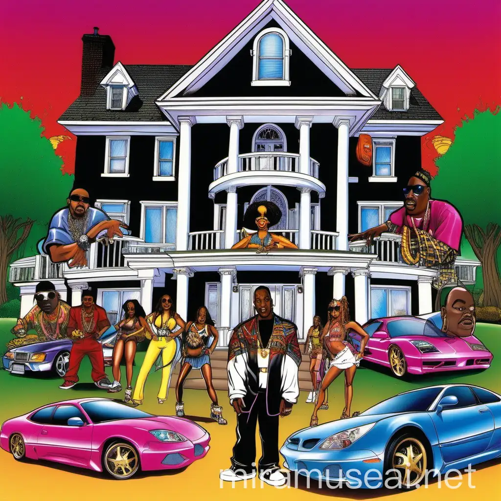 African american freaknic party 2003 hip hop rap brand album cover movie cover in early 2000s and flashy blinged cars cartoon model and fancy house