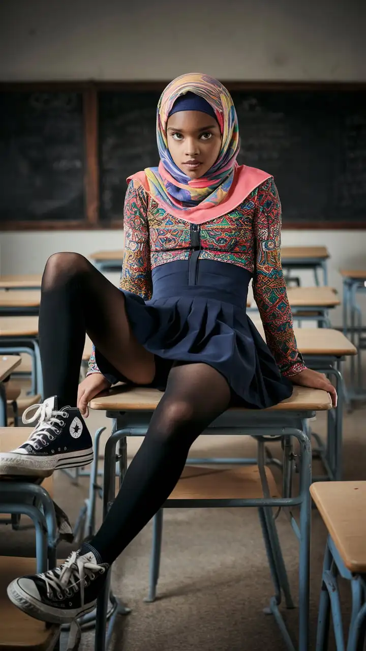 A girl, 14 years old, hijab, tight blouse, navy blue
school skirt, black opaque tights, converse shoes
in classroom. beautiful. Sits on the desk. Legs up
legs are on the desk.