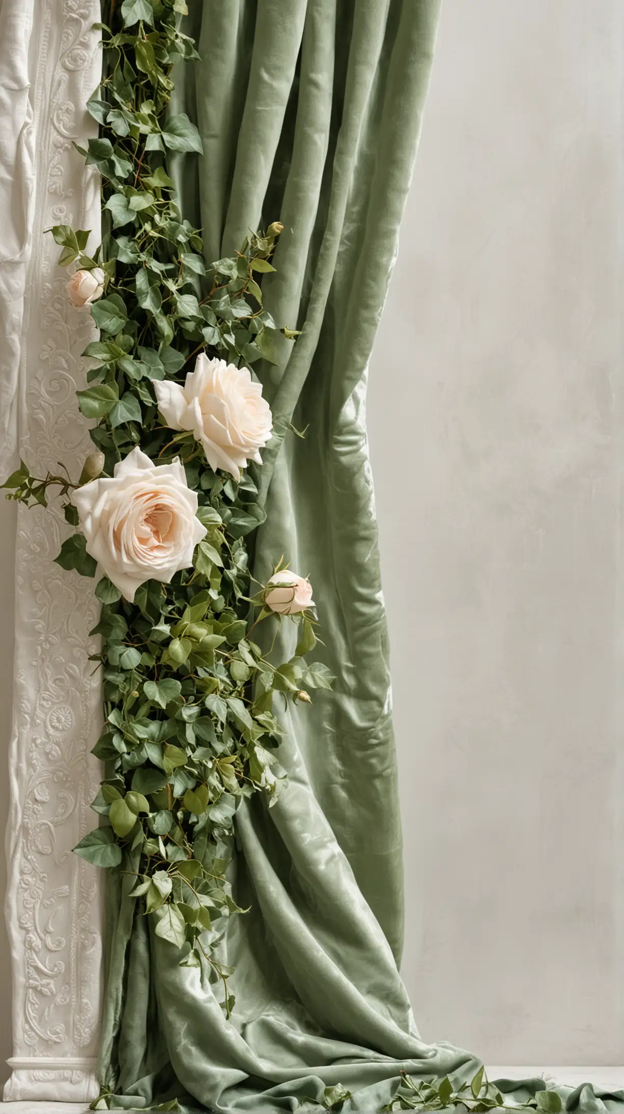 left side border, draped green fabric on which lies a few beautiful roses and ivy, white patina velvet background