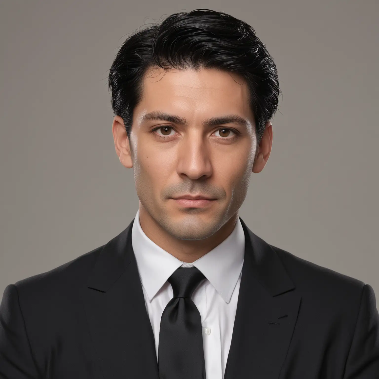 Portrait of Mature Man in Black Suit and Tie Against Plain Grey Background