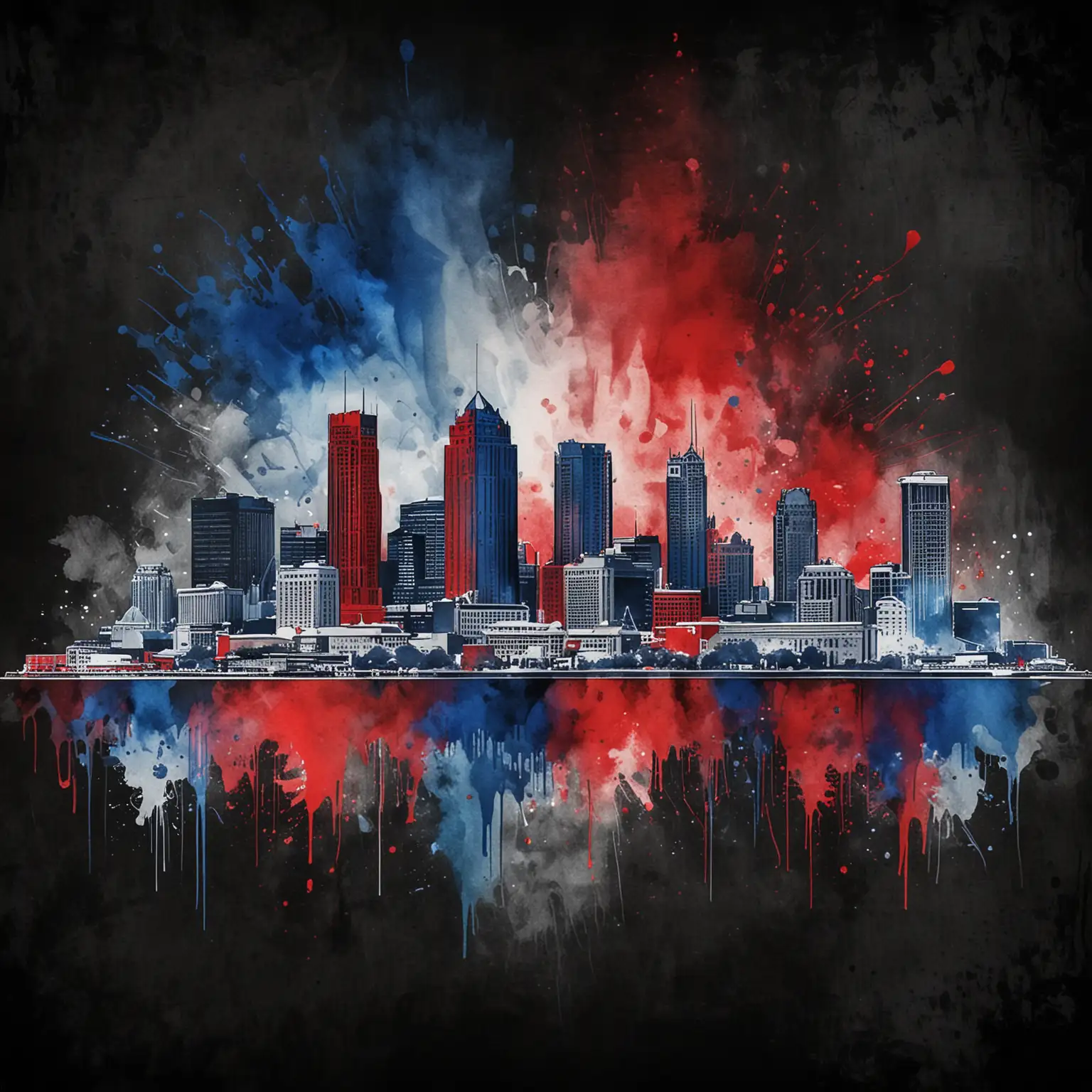 Milwaukee skyline with a vibrant red white and blue watercolor overlay on a black background. Focus the color in the center of the picture