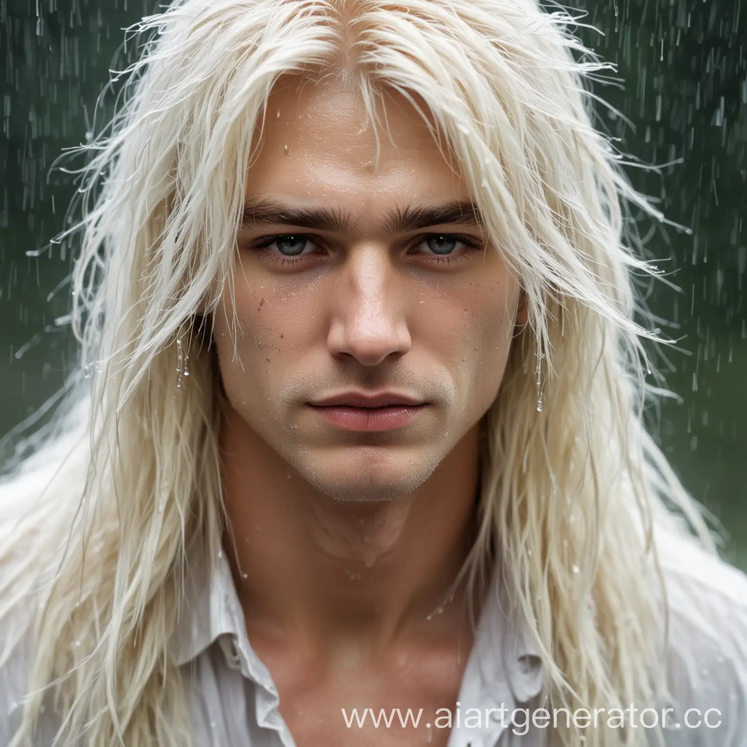 White-Fox-in-Rain-with-Blond-Guy-with-Long-Hair