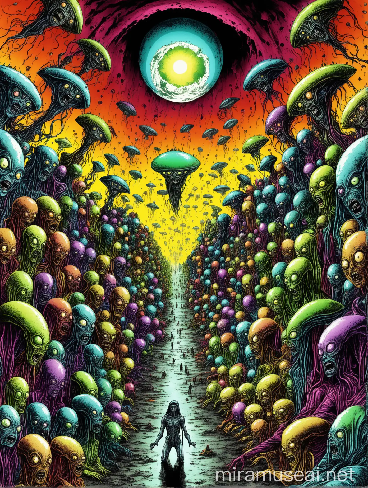 A beautiful colorul surreal scene, similar to Salvador Dahli, in a horrifice manga setting of aliens taking over Earth