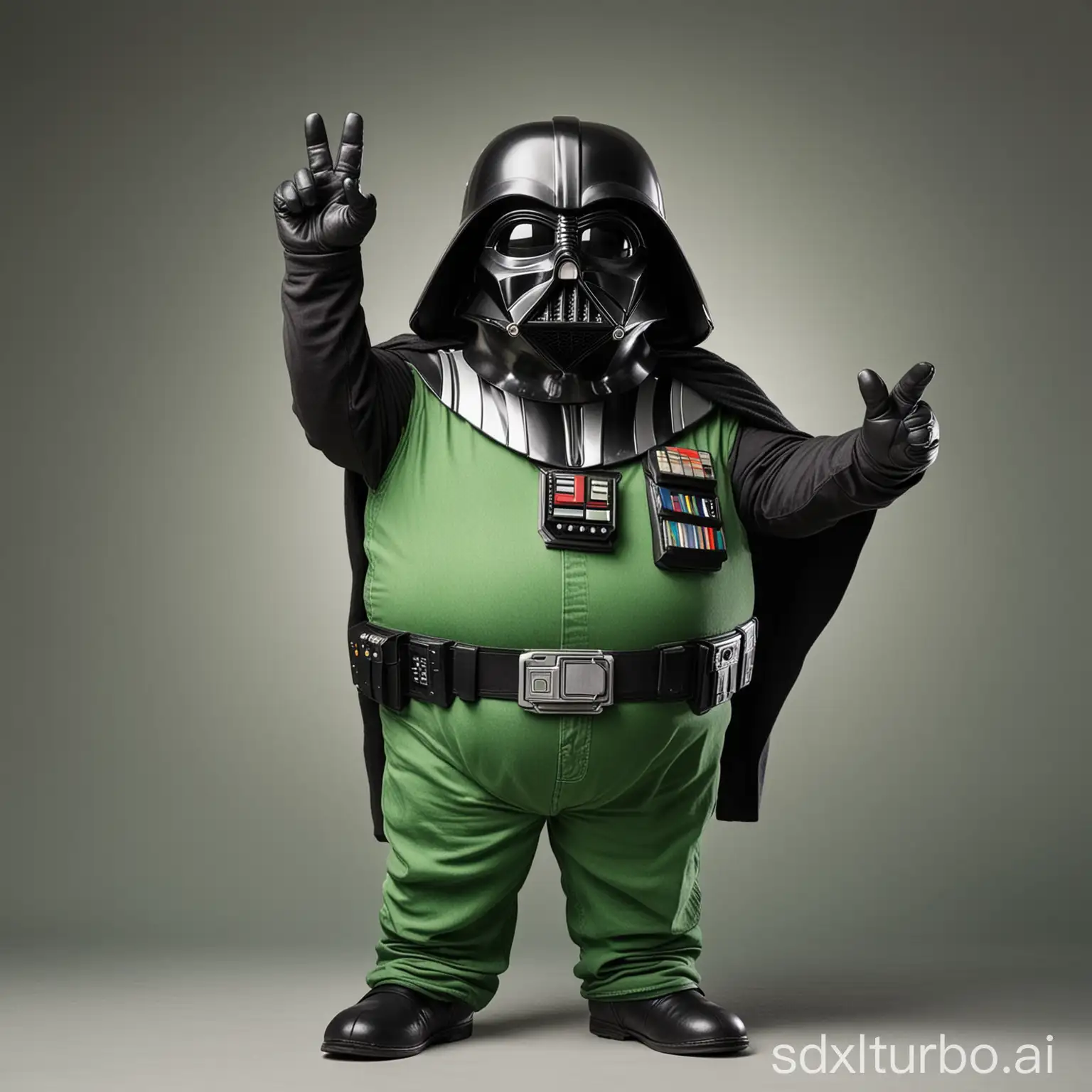 Chubby-Feline-in-Green-Jeans-Making-Vulcan-Gesture-with-Darth-Vader-Helmet