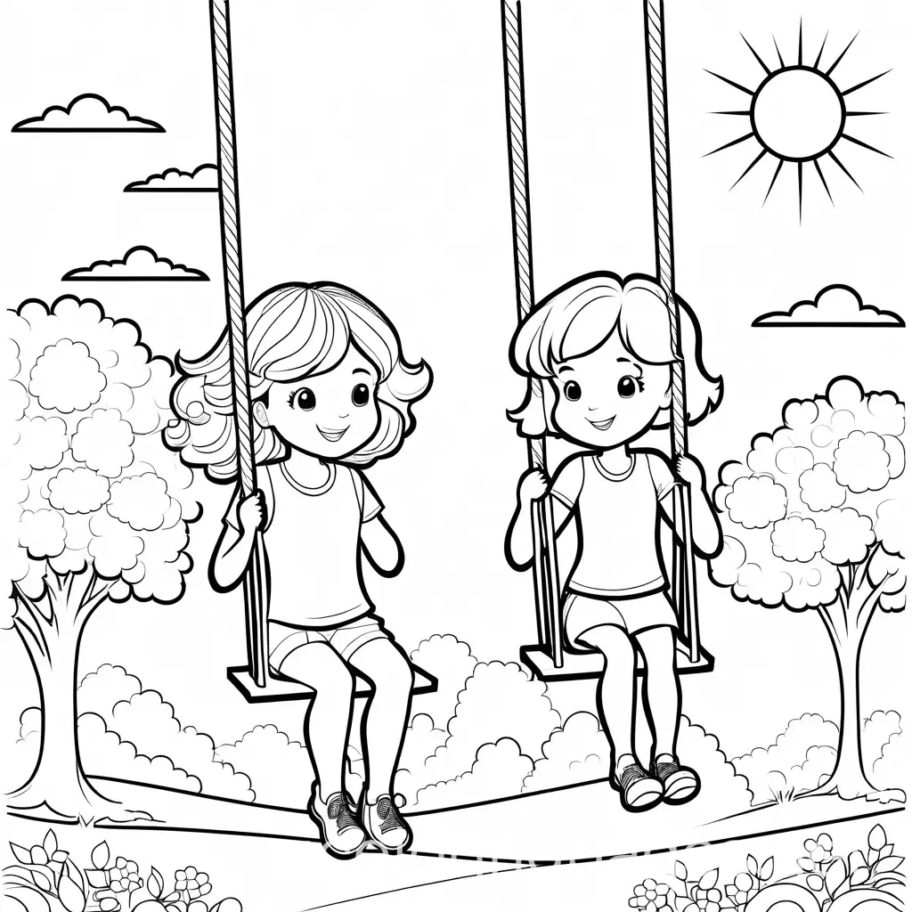 little boy with blonde curly hair and a little girl with blonde straight hair play on the swings as the sun shines , Coloring Page, black and white, line art, white background, Simplicity, Ample White Space. The background of the coloring page is plain white to make it easy for young children to color within the lines. The outlines of all the subjects are easy to distinguish, making it simple for kids to color without too much difficulty