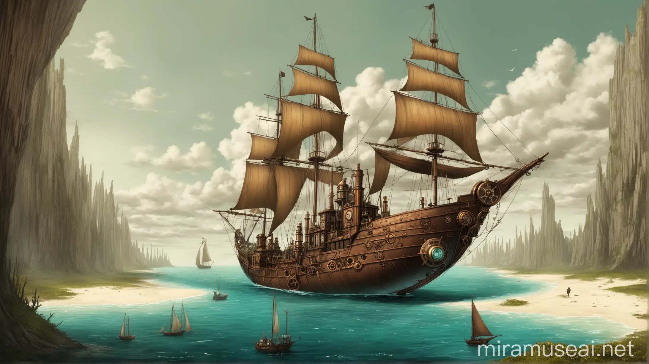 a large steampunk sailing boat enters a small gulf on a wild land