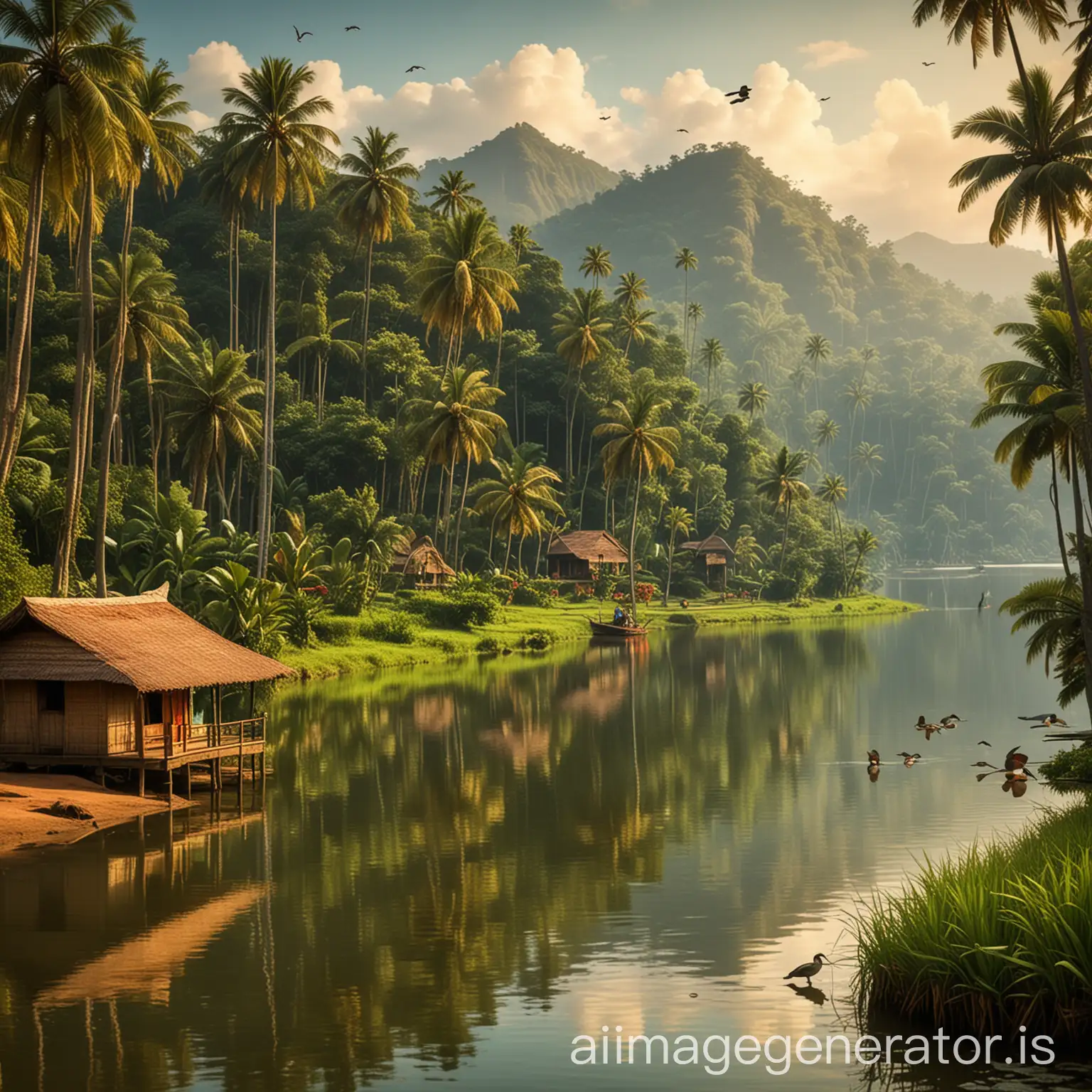 Create an image of natural beauty of Kerala,including mountain,lake ,hut birds and animals