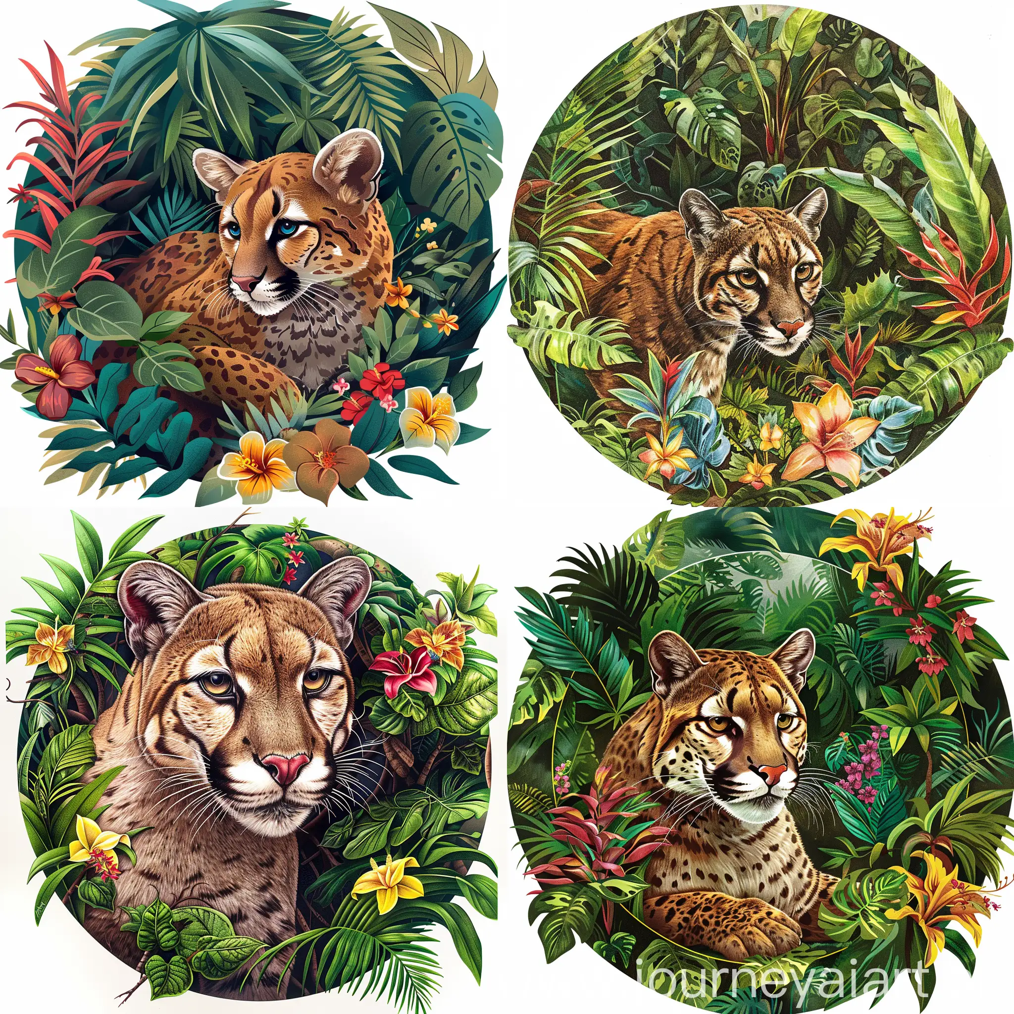 Art of a charming cougar exploring the dense Paraguayan forest, (on a white background:1.2), Illustrative Nature style, intricate details, 4k, masterpiece, lush foliage and colorful tropical flowers should surround the central round-shaped comic