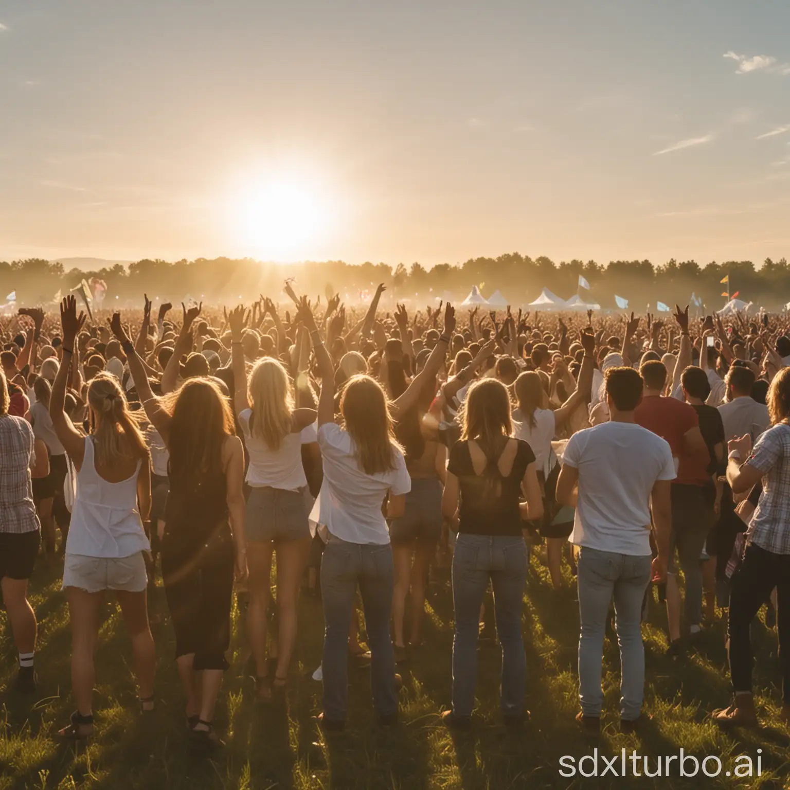 A large crowd gathers in a field, enjoying a music festival. The crowd cheers and dances to the music, and the sun shines brightly.