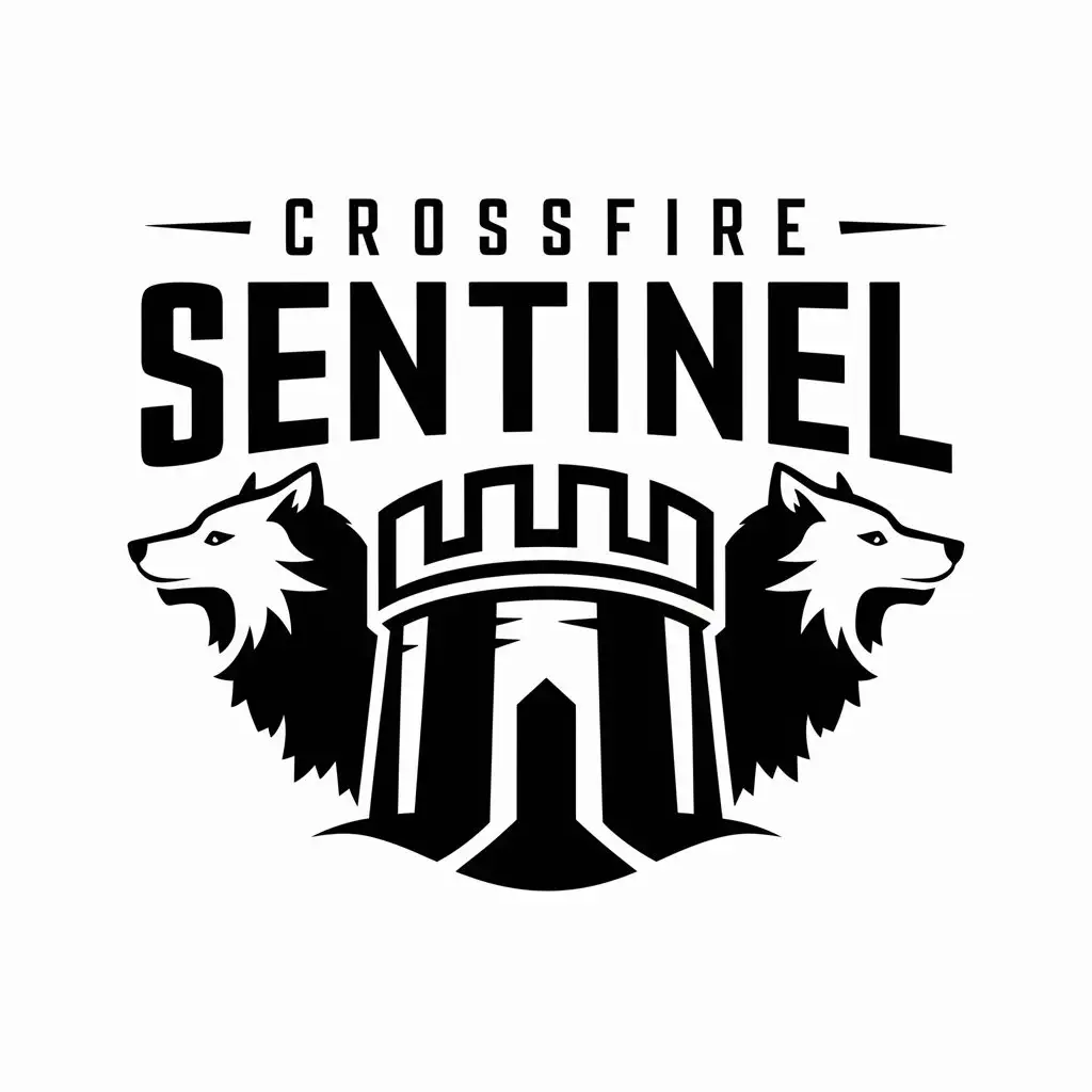 a logo design,with the text "CrossFire Sentinel", main symbol:Citadel, shield, pair of Wolves,Moderate,clear background