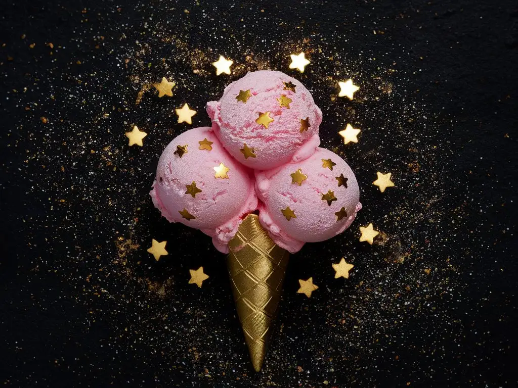 利用天然食材调制出粉红色的冰淇淋基底，上面点缀着闪亮的食用金箔和星星状的糖粒，整个冰淇淋宛如夜空中闪烁的银河