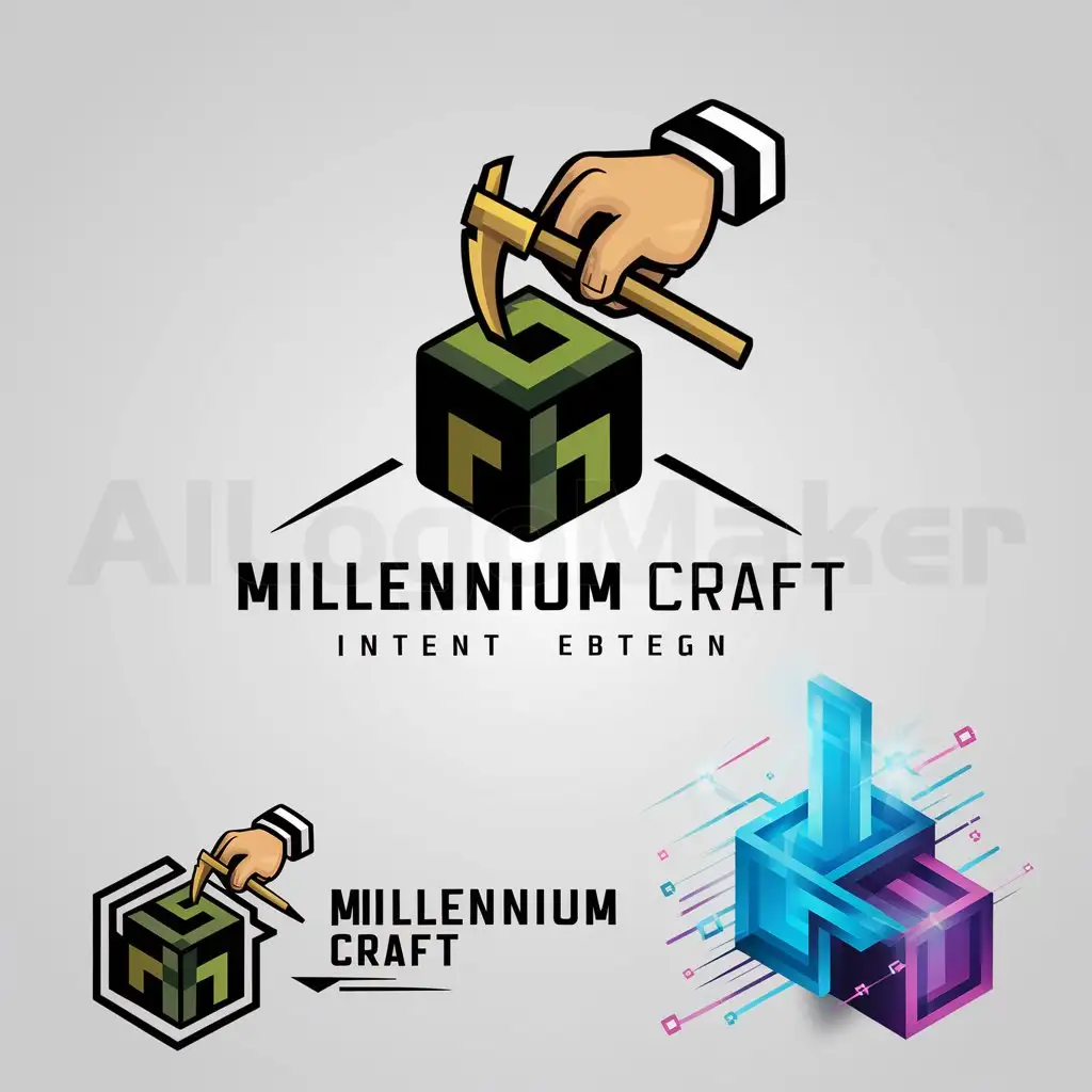 a logo design,with the text "Millennium Craft", main symbol:Stylized hand with a 'Minecraft' tool (pickaxe or hoe) creating or carving a pixel cubic block - symbol of 'progress'. Color: Gold for the hand and tool, dark green for the 'Minecraft' block (colors associated with stability, power, growth). Variant 3: 'Fusion' and 'New' Two 'Minecraft' blocks - 'cube' and 'rectangular prism' - fuse together to form a new 'volumetric' object, symbolizing 'new creation'. Color: Bright blue and purple, shades associated with technology, progress, and new possibilities.,Moderate,be used in Internet industry,clear background
