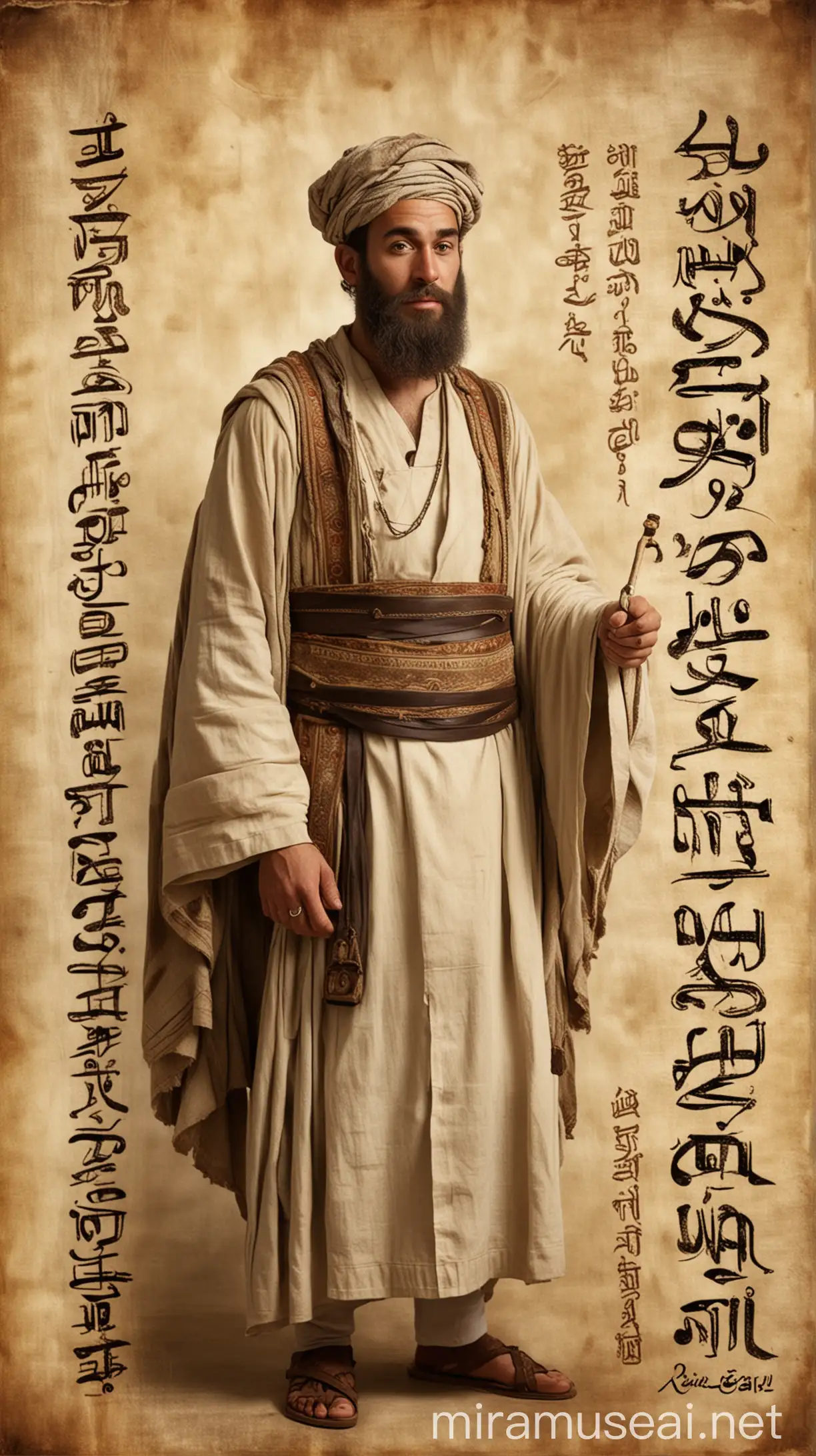 Generate an image of a wise-looking man, dressed in ancient Hebrew attire, standing beside the name 'Bukki' written in elegant Hebrew script. Below the name, include its meaning 'Wasteful' written in English. The background should evoke a sense of antiquity, perhaps with faded parchment or ancient scrolls."In ancient world 