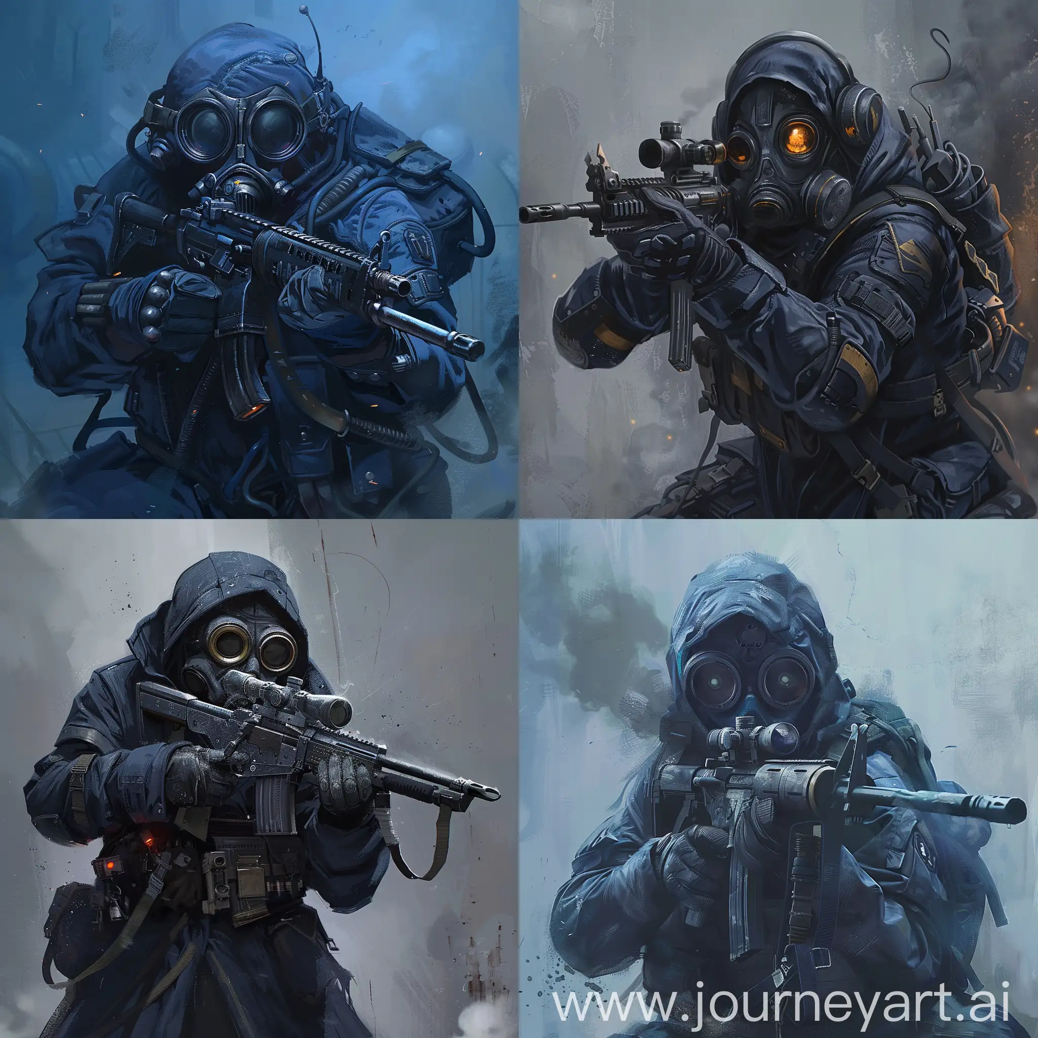Mercenary from game stalker concept art in gasmask, wearing dark blue military heavy juggernaut armor suit, holding a sniper rifle in the hands