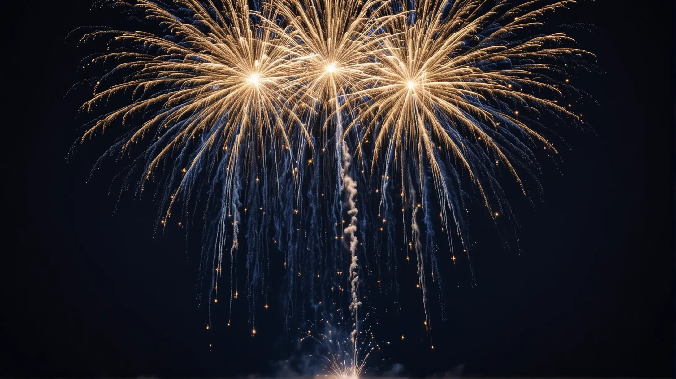long falling, yellowish white cascading firework falling with very dark blue at the top of the picture and dark blue background throughout the rest of the picture with NO Ground