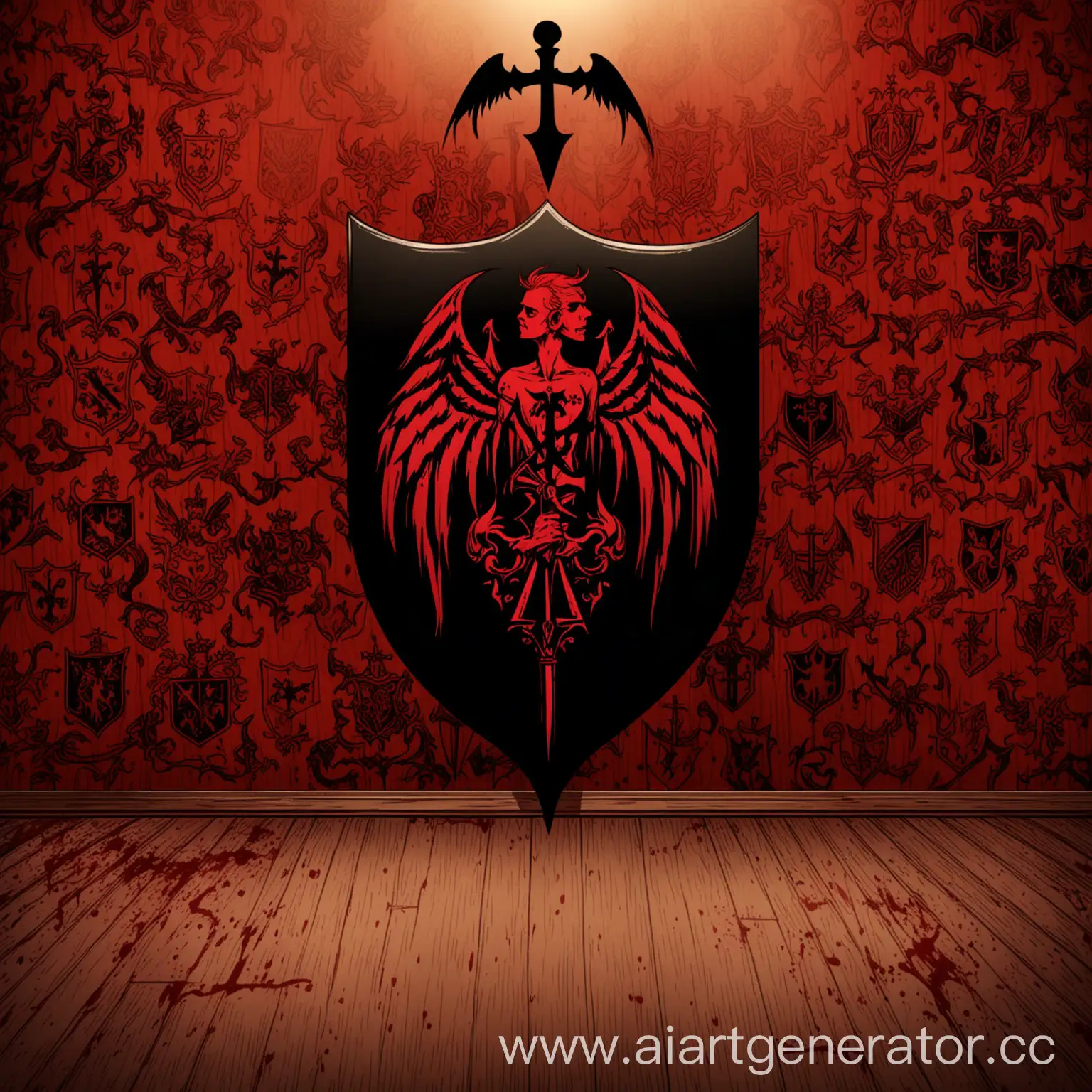 Room-with-Red-Walls-and-Coat-of-Arms-Featuring-Angel-and-Demon