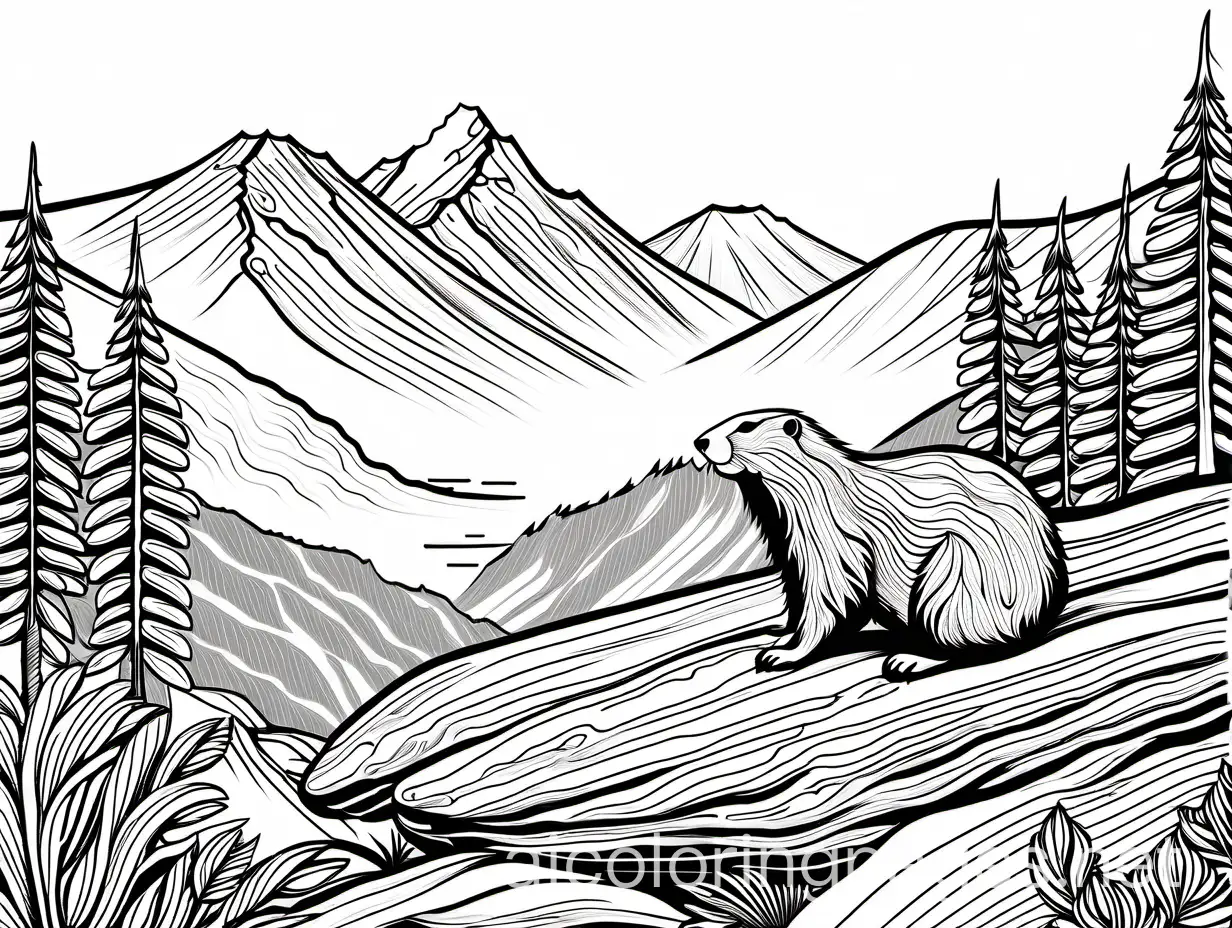 Mountain-Landscape-with-Marmot-Coloring-Page-Serene-Black-and-White-Line-Art