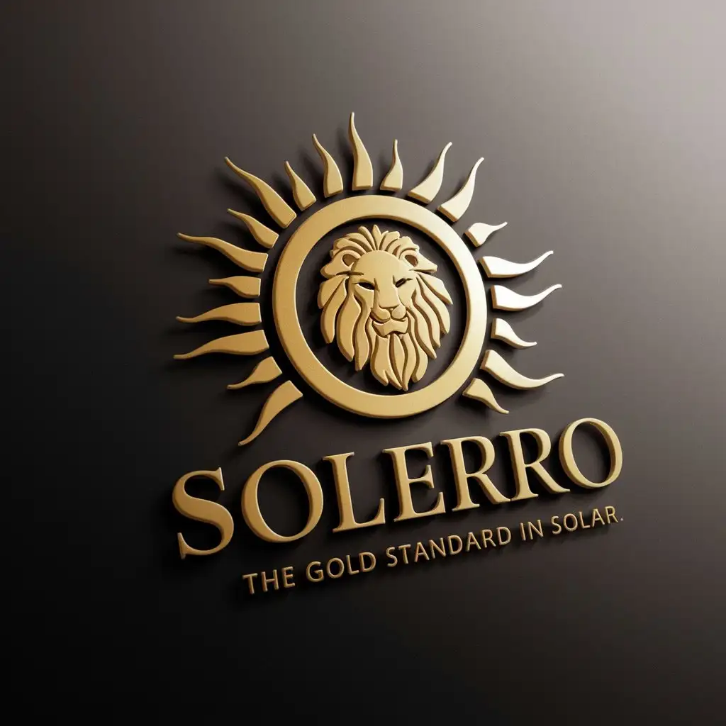sun and lion logo in gold with n company name: solerron slogan: the gold standard in solar. n make it high end. classy. keep the professional stance. emulate strength, class, and elegance