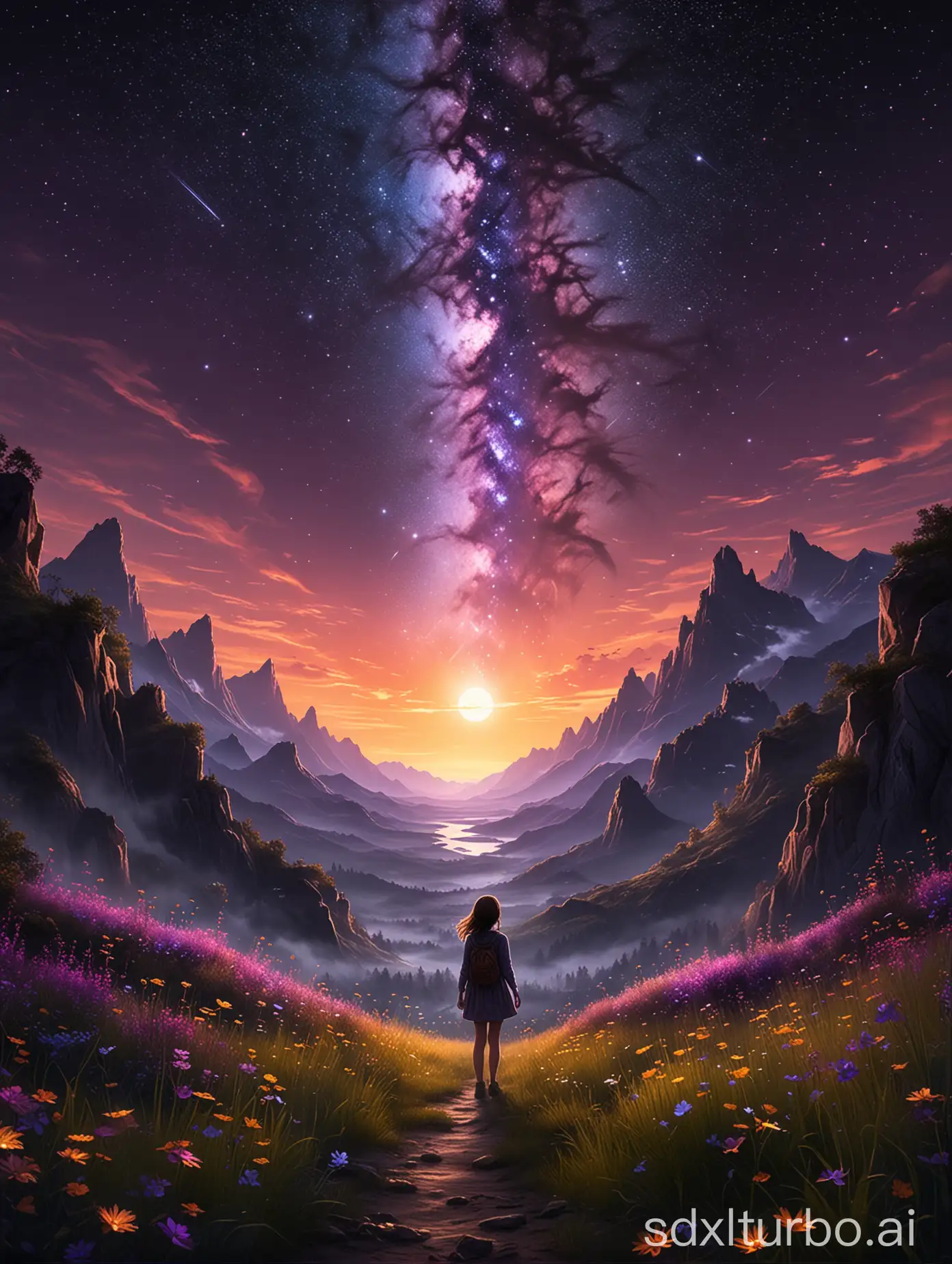 Creating vast landscape photographs captured from below, with the sky stretching above and wilderness spreading below. In the center of the image, a little girl stands amidst a field of flowers, looking up at the sky. The full moon shines brightly with a brightness of 1.2, gently illuminating the scene. Shooting stars, rated 0 with a brightness of 9, streak across the sky, leaving a bright trail behind her. Diffuse nebulae, with a brightness of 1.3, add a mysterious atmosphere to the bottom of the sky.

Majestic mountains tower on the horizon, blending into purple and orange gradients symbolizing dusk. Artistry producing the wind of trees gently invigorates the leaves, emitting a calm atmosphere. The source of warm light, rated 1 with an intensity of 2, brightens the stage and emphasizes the details.

Fireflies flutter around the girl, emitting a soft and pleasant light. Lamps placed at her feet emit a modest glow, creating a magical atmosphere. Every intricate detail of the scene is accurately rendered in 4K resolution, with outstanding quality and ultra-detail. Dynamic composition of 1.4 enhances the impression of depth and movement.

The details of nature are particularly vivid and colorful, with iridescent effects observed at 1.2 bursts. Glittering lights emphasize texture, while ambient lighting envelops everything in a dream-like atmosphere. Overall, a magical dream-like atmosphere pervades, capturing moments frozen in time. This piece, a true masterpiece rated 1.2 for its exceptional quality, invites awe and contemplation.

All of these occur in solitary settings, appearing to merge harmoniously with nature. Under the pseudonym Lunarlagoon, this impressive image beckons viewers into a world where reality and imagination blend.