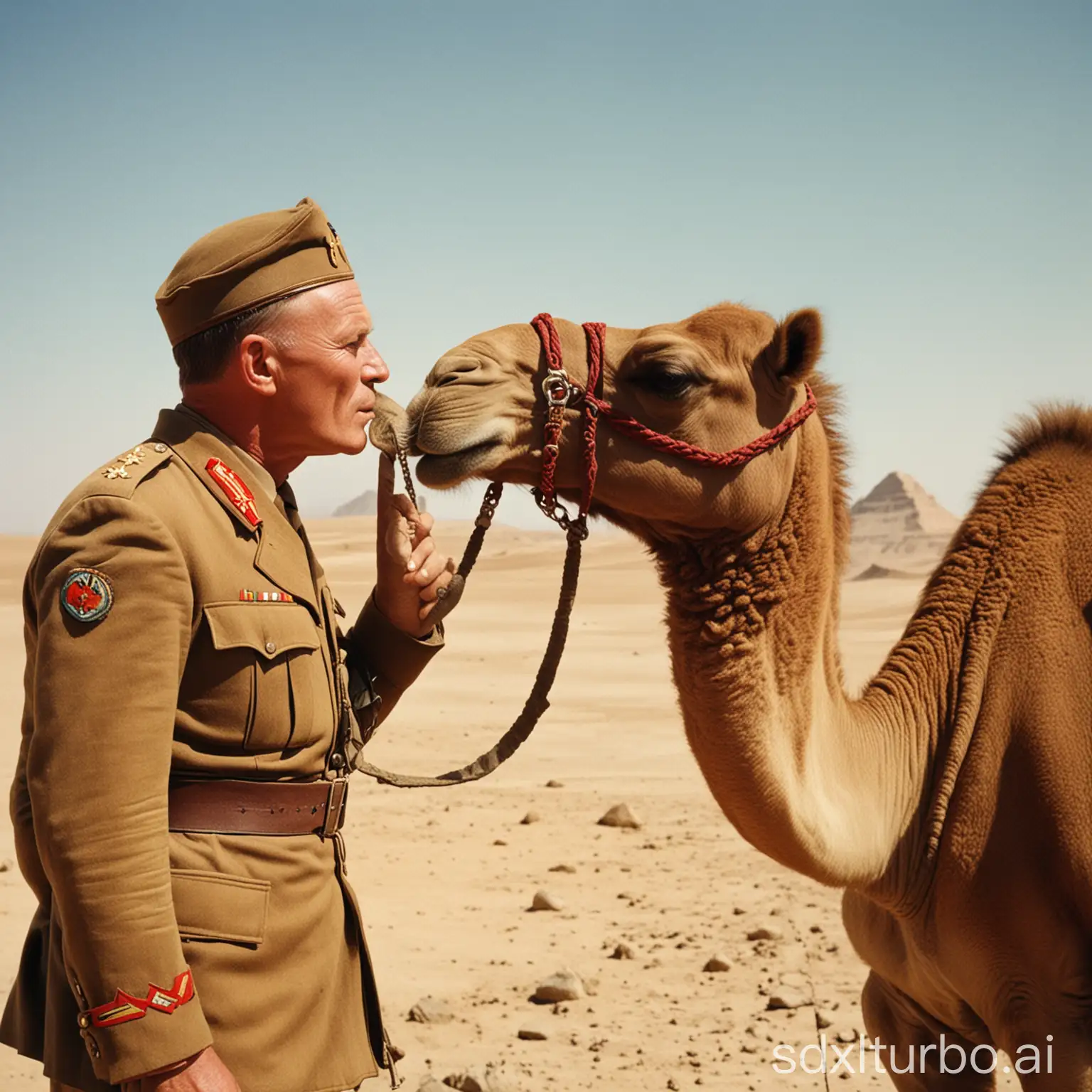 old color photo of Erwin Rommel in brown uniform kissing a camel in the desert