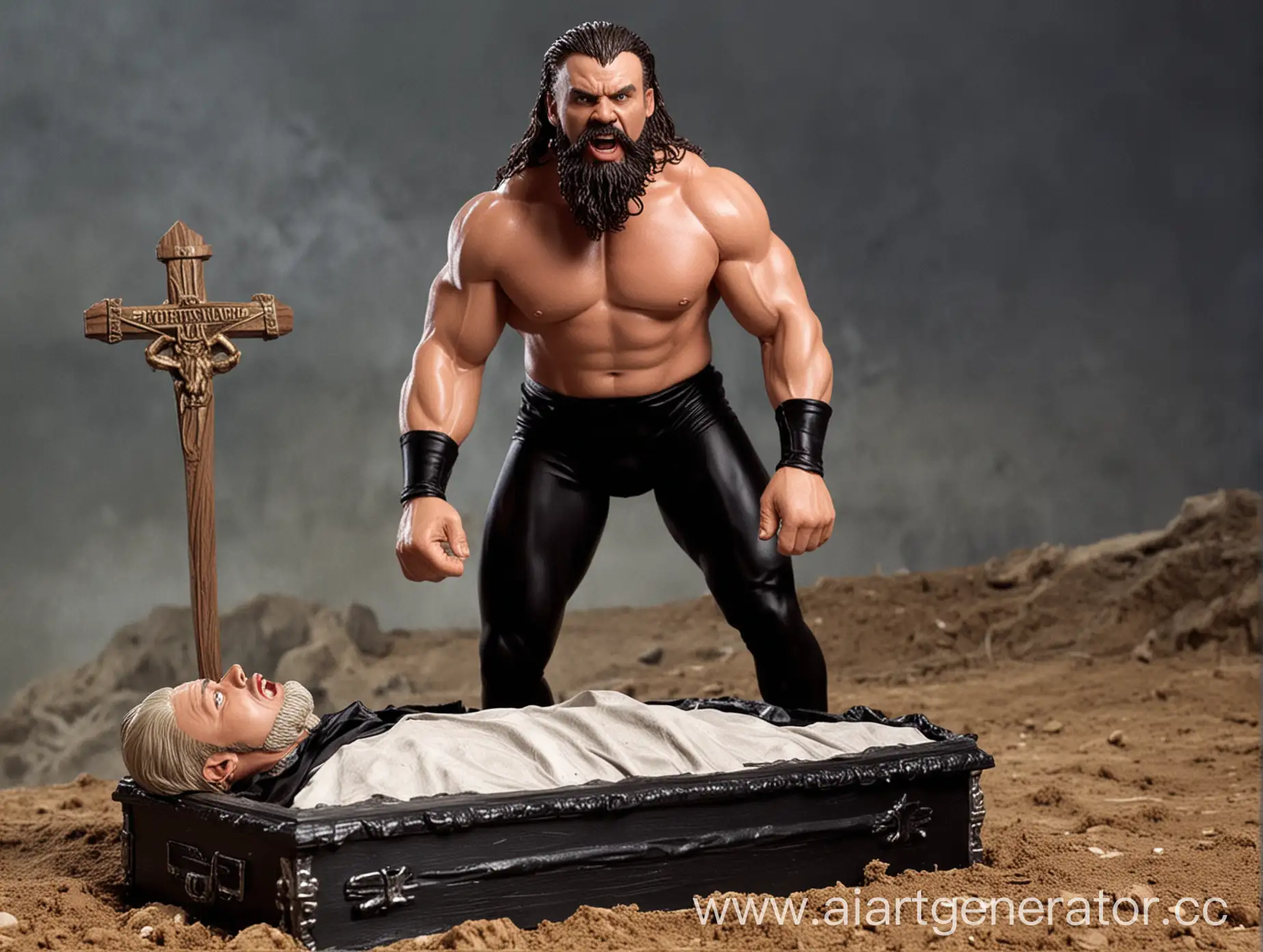 Гробовщик из WWE образца 1998 года удивляется с разинутым ртом от того, насколько большую могилу и гроб, в котором лежит огромный накачанный мужик с короткой бородой и в чёрно-белом трико, ему придётся хоронить.