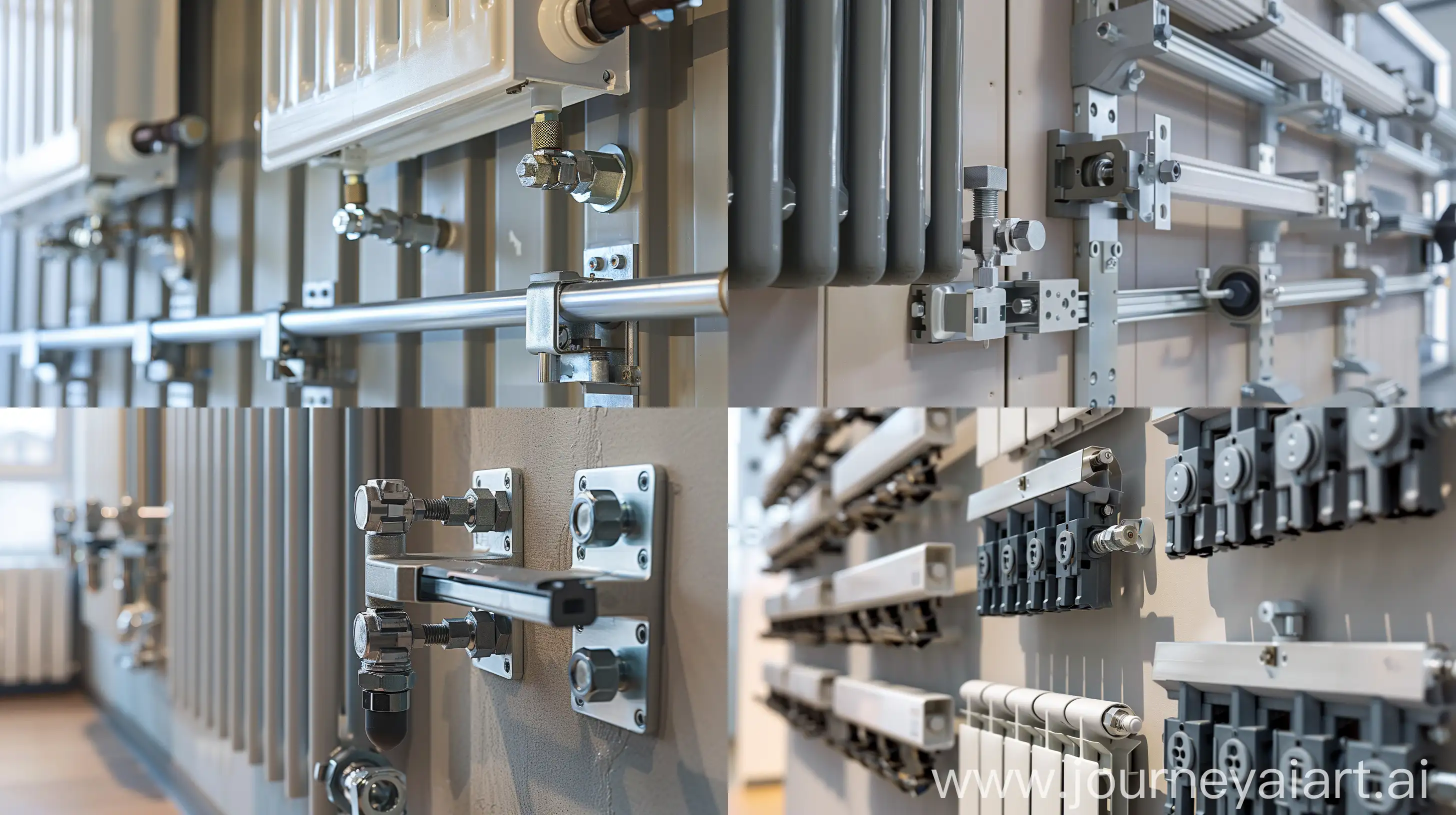 A high-resolution photograph depicting various methods of attaching heating radiators to a wall. The image showcases the installation process, featuring floor-mounted brackets, wall-mounted brackets, and specialized fastening systems. The radiators are securely affixed to the wall, highlighting the durability and stability of each mounting technique. Lighting accentuates the details of the brackets and the radiators, ensuring clarity in understanding the installation process. The composition provides a clear view of the attachment points, aiding in comprehension of the methods utilized. The background environment suggests a typical indoor setting, evoking a sense of practicality and functionality.  --ar 16:9 