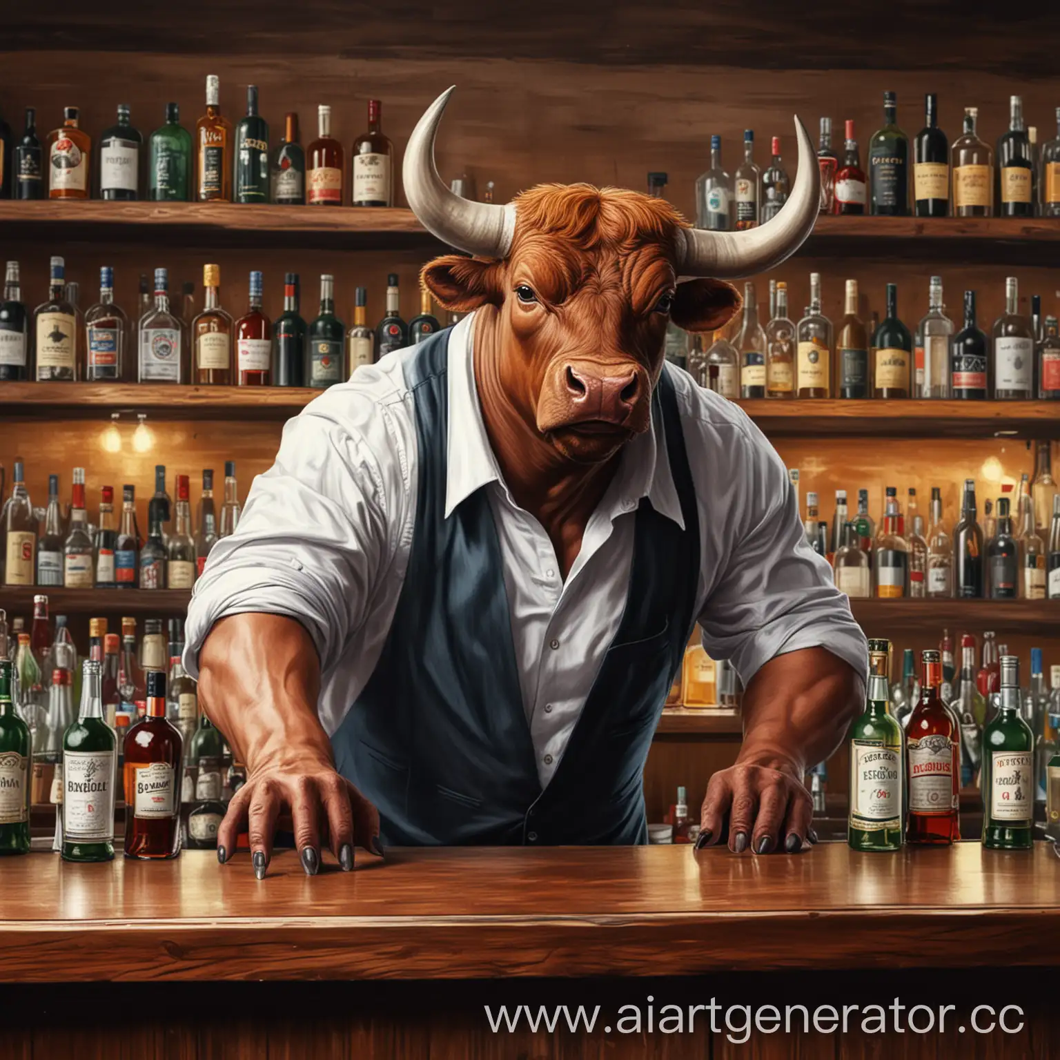 нарисуй быка бармена за барной стойкой , он должен положить руки на барную стойку на барной стойке стоят бутылки с алкоголем , 