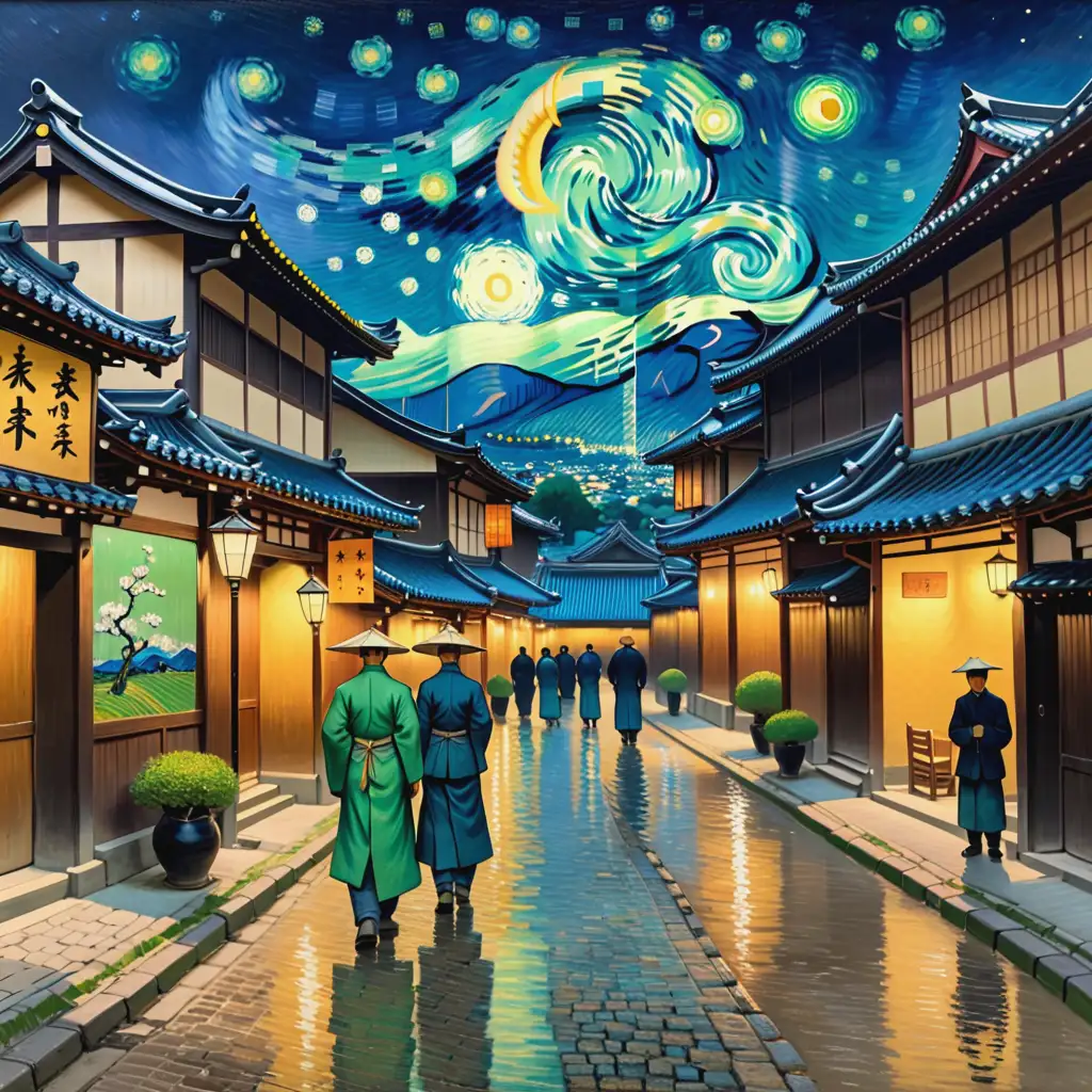 Van Gogh Inspired Painting of Edo Cityscape at Night