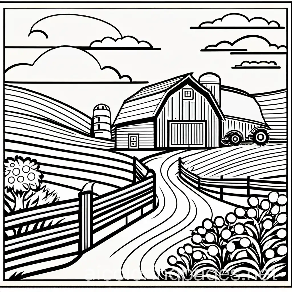 farm land and barn for child , Coloring Page, black and white, line art, white background, Simplicity, Ample White Space. The background of the coloring page is plain white to make it easy for young children to color within the lines. The outlines of all the subjects are easy to distinguish, making it simple for kids to color without too much difficulty 