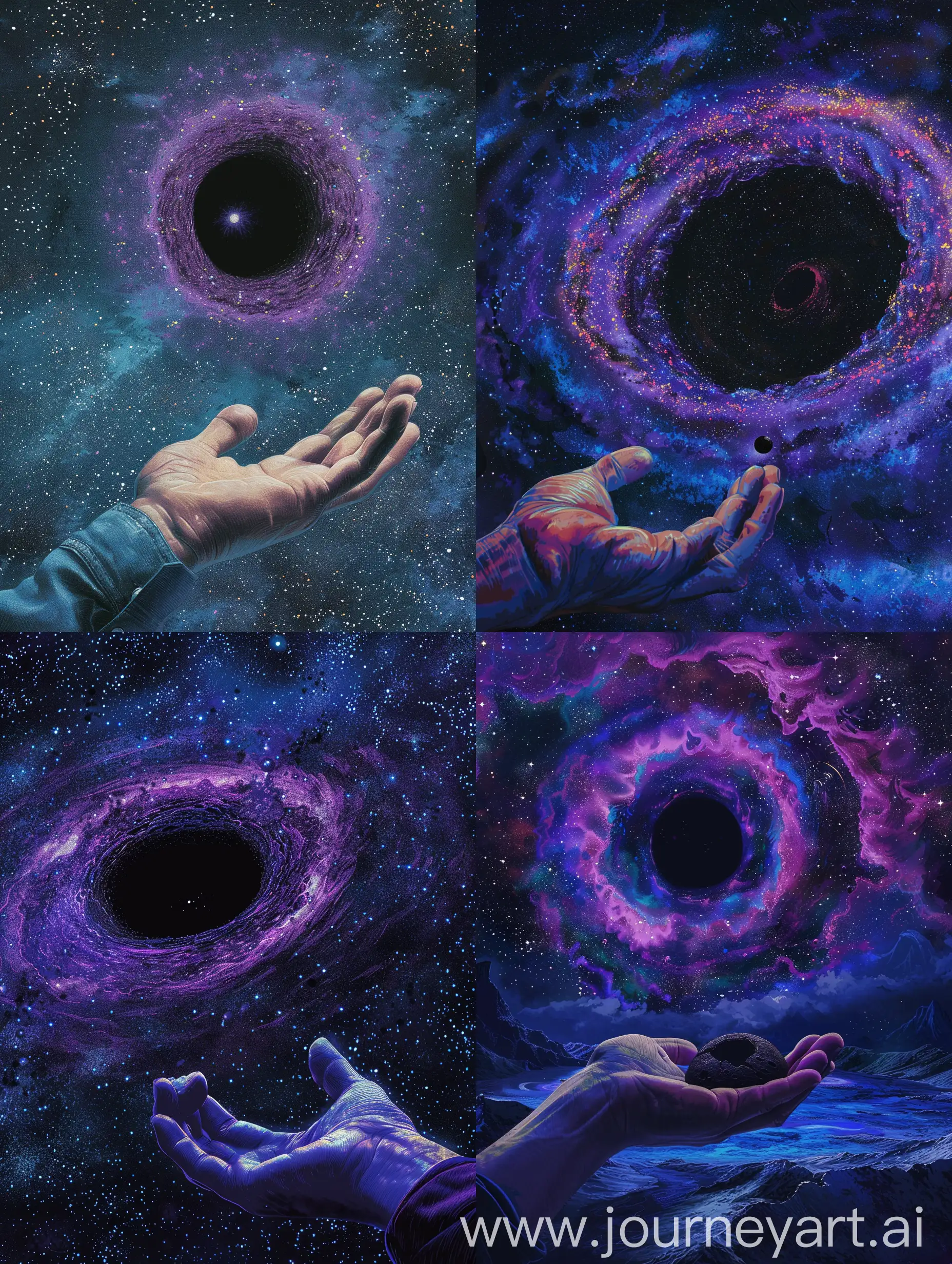 Enormous-Purple-Black-Hole-Held-in-Hand-in-Cosmic-Expanse
