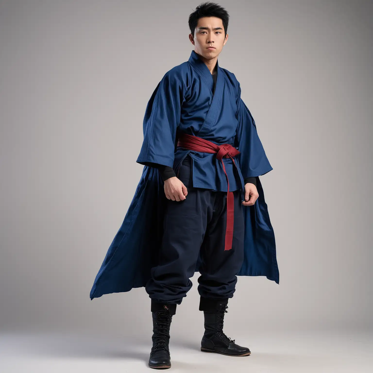 Standing full body view, looking to the right, looking to the side, heroic strong buff young Japanese man, black hair, wearing saturated-dark-blue karate gi with large shoulderpads, black turtleneck, black baggy pants, saturated-dark-blue boots, saturated-dark blue cape, white background, photo, cosplay