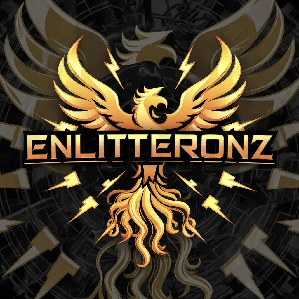 a logo design,with the text "ENLITERONZ", main symbol:phoenix bird and lightning in golden colour,complex,clear background