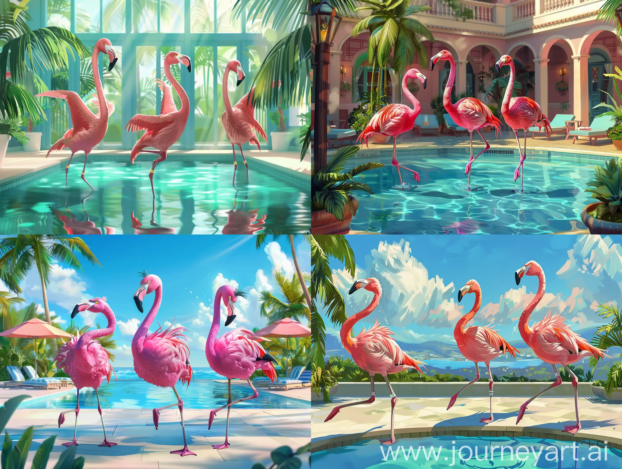 An illustration in the style of the artist Tiago Hoisel, 3 pink flamingos dancing by the pool in the hotel, full compliance with the style of Tiago Hoisel