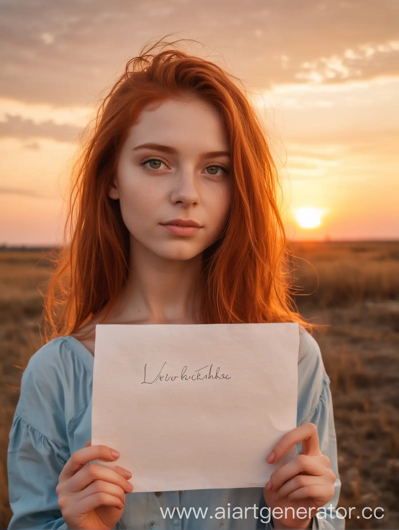 девушка смотрит прямо она рыжая на фоне заката держит листочек бумаги на котором написано Lerochka is the best