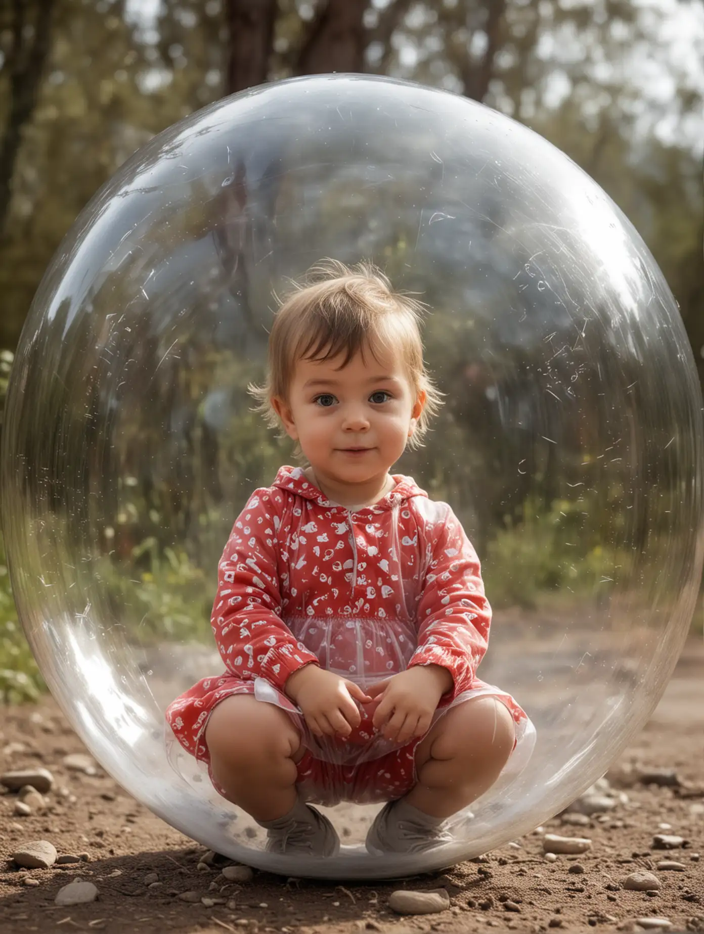 a cute child inside a transparent bubble, the child's origin is half Chilean and half Danish/German