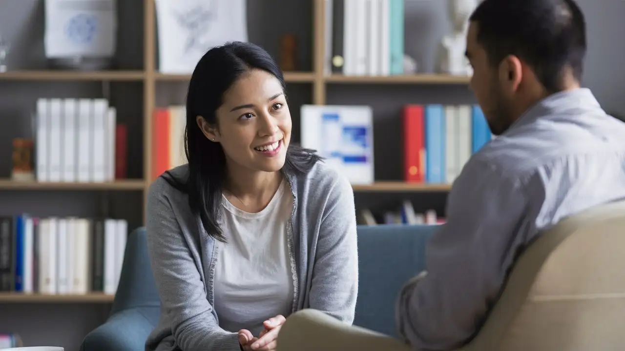 The realistic photo shows the real, cozy interior of the psychological office, where the focal point is a scene with a woman and a man. The woman sits focused and her face expresses interest in the conversation. Opposite her sits a man whom we see only from behind, and they are divided by a desk, which adds to the mystery of the situation. Behind the woman is a shelf of scientific, medical books. They are arranged, which emphasizes the intellectual character of the place. The photo focuses on the dynamic but intimate interaction between two people in a space conducive to openness and trust.