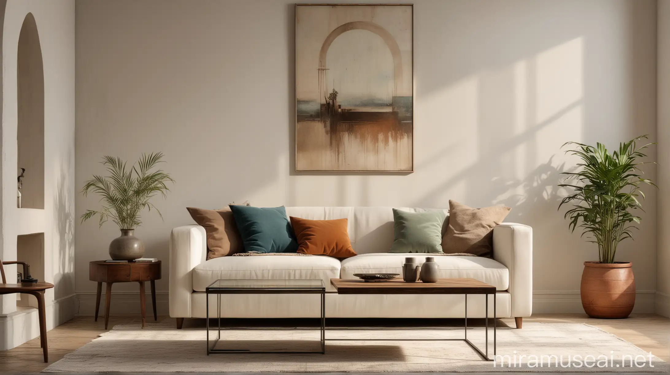 A moody, low-key photo of a grunge old accent coffee table near a white sofa against an arched window and white wall with a big art poster frame. The light is soft and warm, casting long shadows across the room, with a color palette of dusty blues, muted greens, and warm browns. Minimalist, art deco interior design of a modern living room.