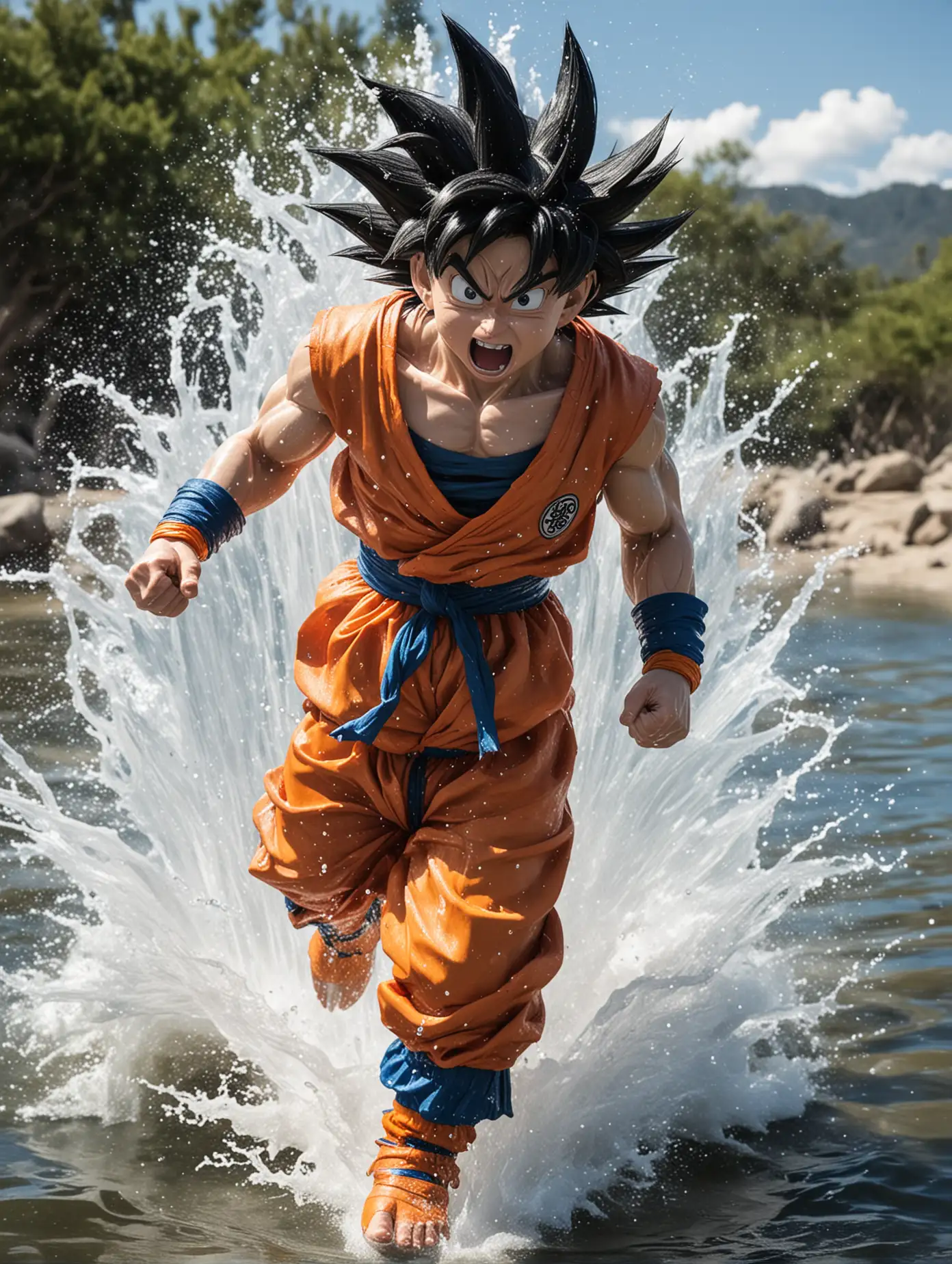 Goku is Running on water. realistic, film stock, bright colors"