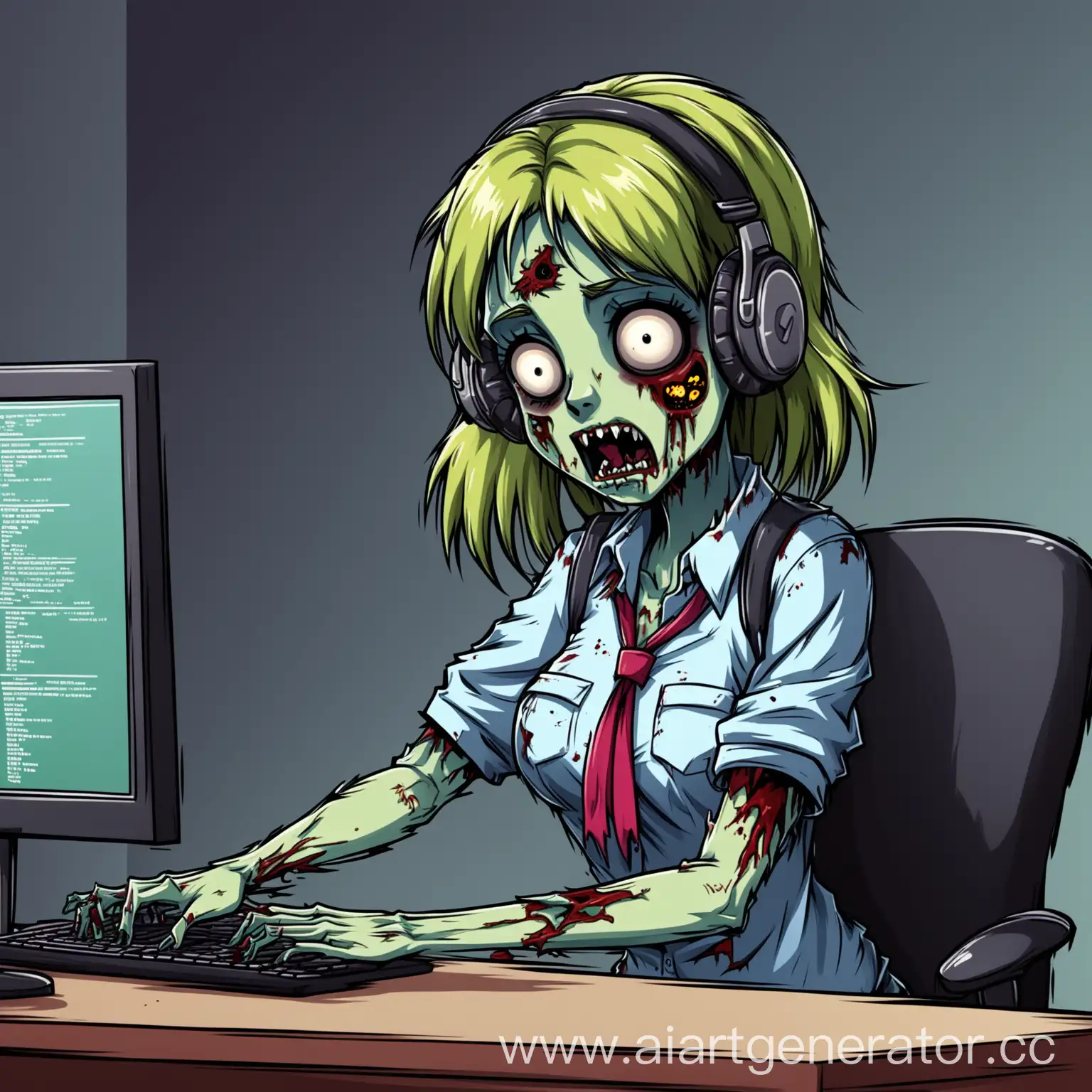мультяшная девочка зомби работает в службе поддержки