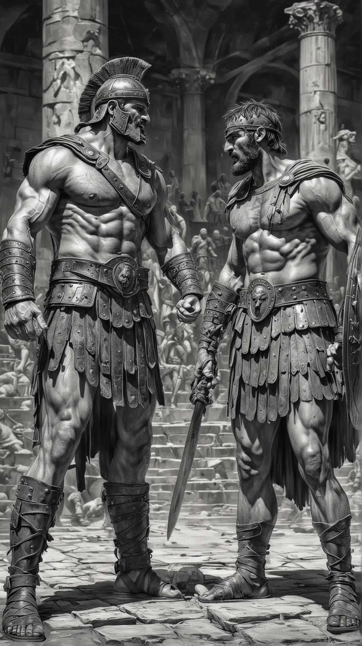 Ancient Roman Gladiator Dueling Massive Barbarian in Colosseum Arena Sketch