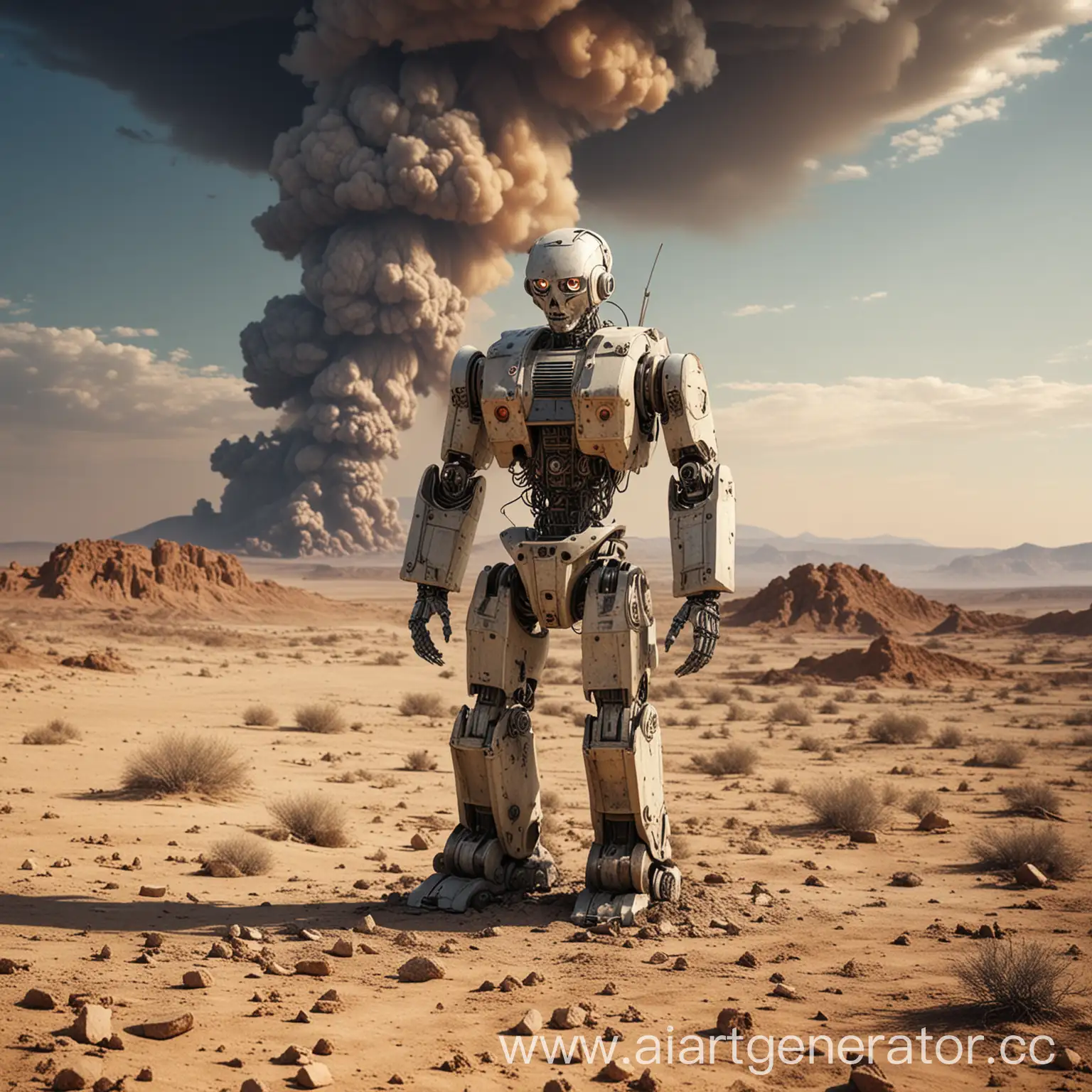 Solitary-Robot-Roaming-Desert-Wasteland-After-Nuclear-Blast