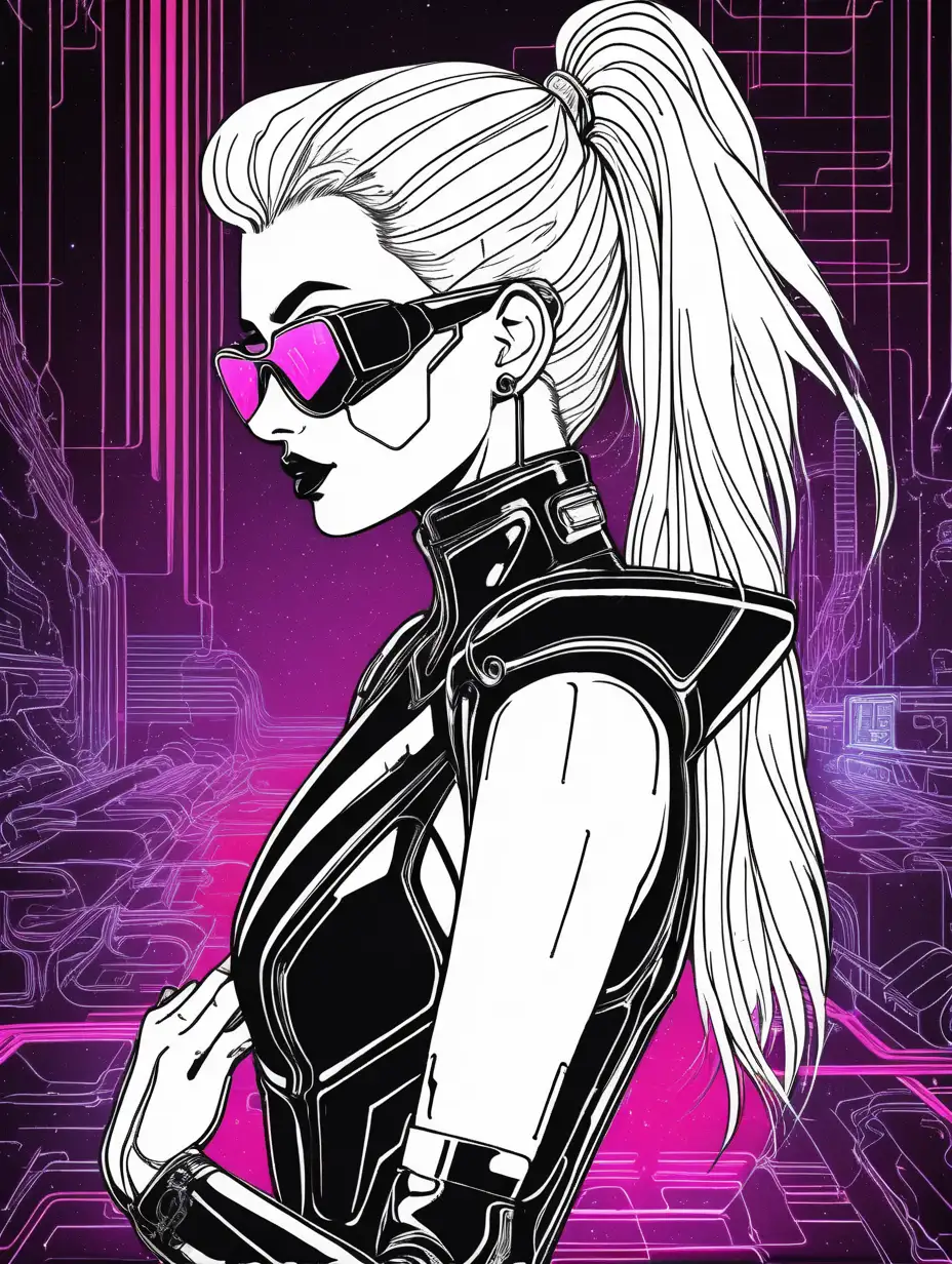 Adult Coloring Book, black and white, high contrast retrowave , cyberpunk, LATEX, SHINY high contrast