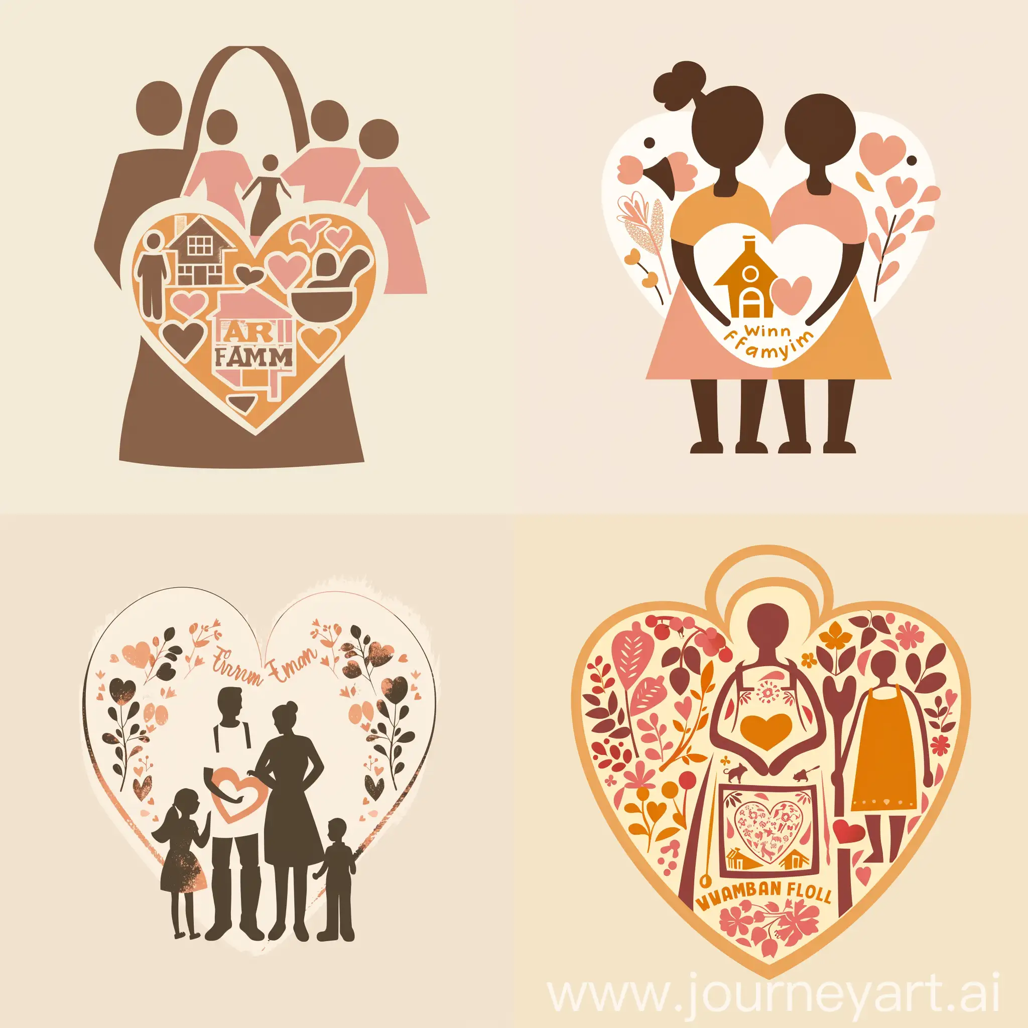 1. Theme: Warm and cozy family atmosphere, focused on high-quality aprons.      2. Colors: Warm tones like light pink, beige, and light yellow, with accents of brown or orange for aprons.      3. Shapes:      - Heart shape to represent love and family unity      - Apron shape, either abstract or detailed, as the focal point      - Silhouette of a house or a family silhouette (multiple figures) in the background or corners      4. Text: "Warm Family" in a curved or rounded font, positioned elegantly next to or overlapping the apron shape. Font color should blend well with the background but still be readable.      5. Style: Simple yet elegant, avoiding too many details that would make it look cluttered. Focus on the core elements that represent the brand.      6. Composition: Center the apron and text, with heart shape or family silhouette either overlapping or in the corners/background for visual balance.      7. Highlights: Add subtle highlights and shadows to create depth and dimension.      8. Resolution: High-definition, crisp edges, and smooth transitions between colors.      Generate a logo for a Taobao store named "Warm Family" that sells high-quality aprons, focusing on the warm family atmosphere and elegant yet simple design.