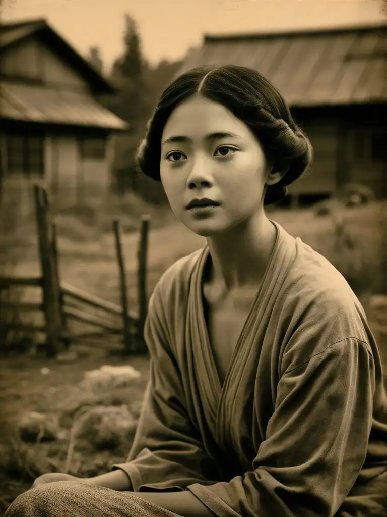 A vintage photograph from 1920, capturing the essence of a beautiful young Japanese woman living in a rural area, with a serene expression on
her face, as if she's pondering life's mysteries. The image exudes a sense of nostalgia and tranquility, transporting viewers to an era long past., black and white, photo