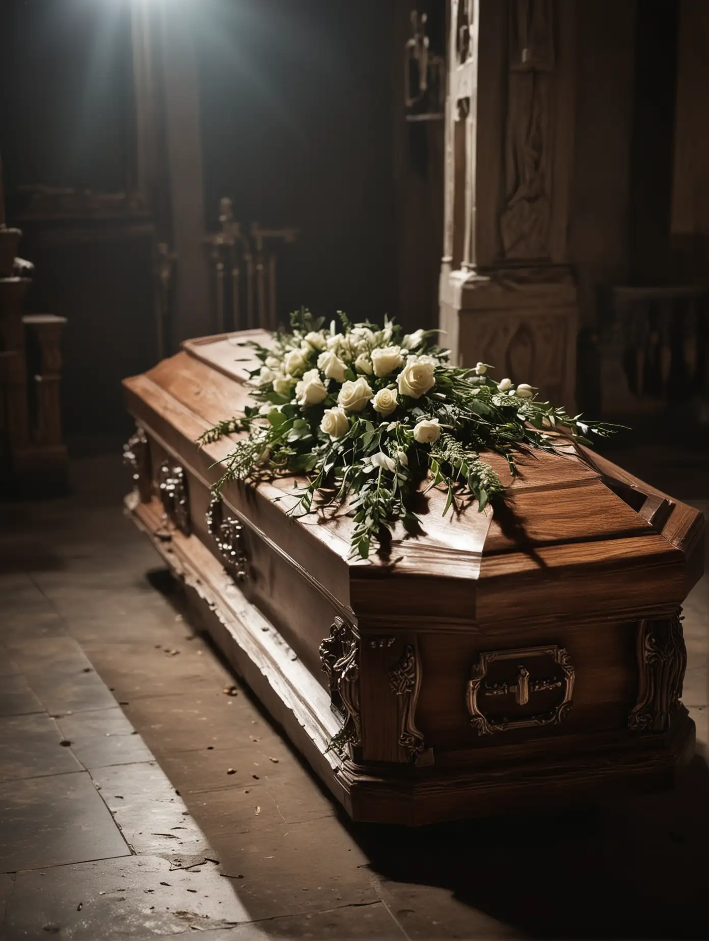 single dark bokeh light source, fragment of a modest modern coffin standing on a catafalque in the church, coffin seen in perspective, modest funeral bouquet lying on the coffin lid, blurred dark background