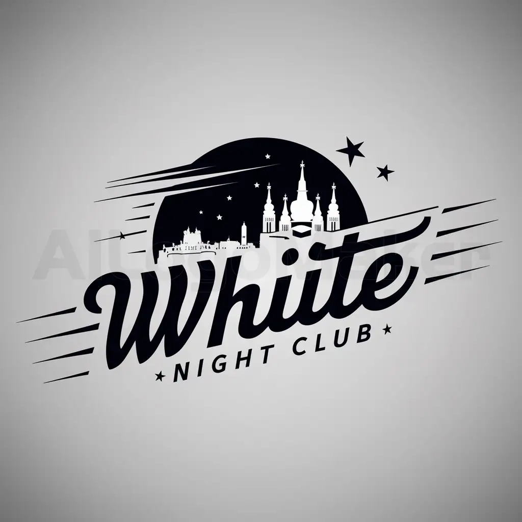 a logo design,with the text " The name of the club "White Night Club" should be easily readable and fit organically into the overall design. (Translation: No translation required as input is in English)", main symbol:Image of night sky or moon, symbolizing night races.nOutline or silhouette of famous St. Petersburg landmarks such as Isaakievsky Cathedral or Admiralty, to make it clear the club is located in this city.nElements conveying speed and movement, such as lines representing acceleration or tire tracks.,Minimalistic,be used in Automotive industry,clear background