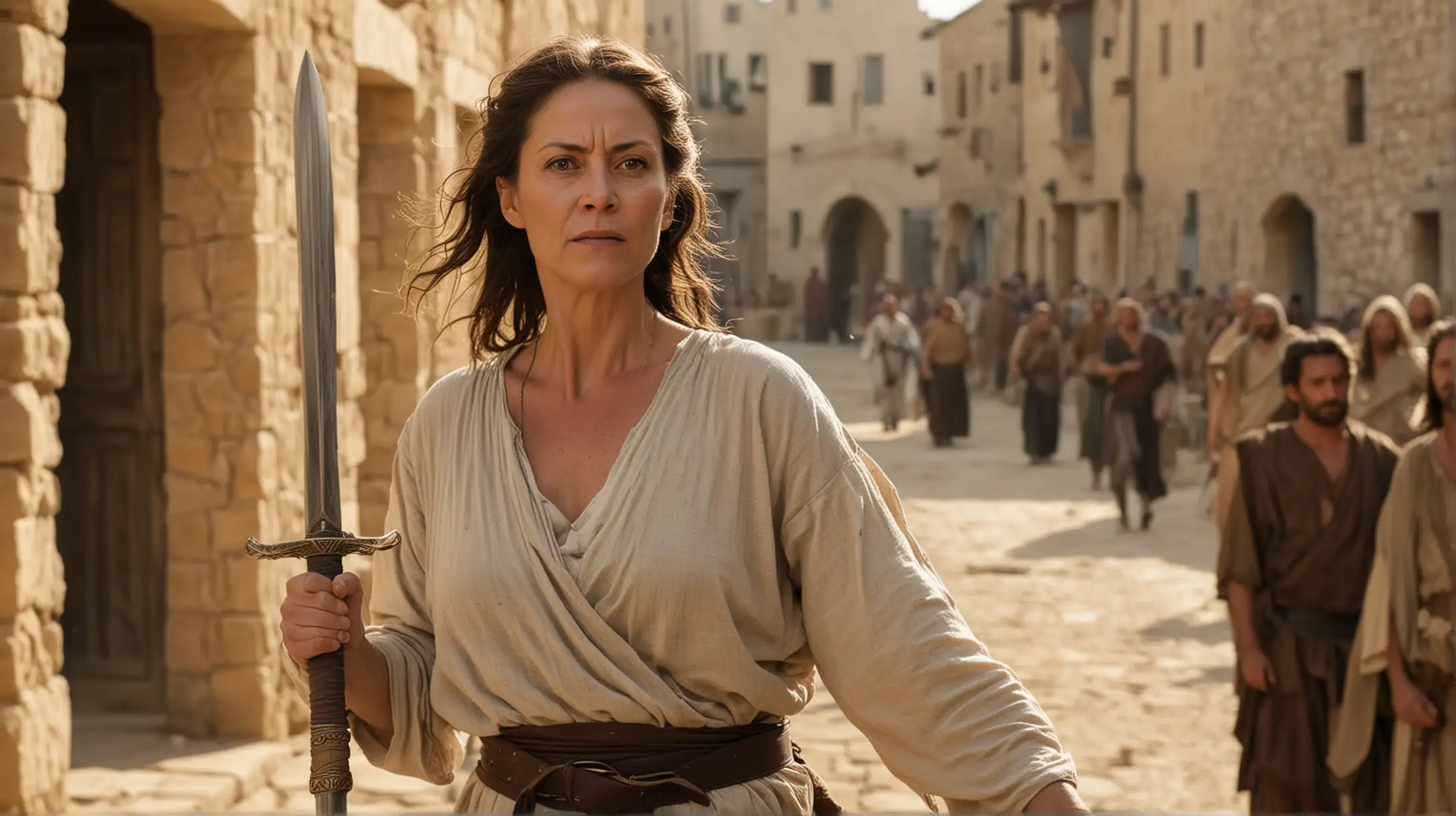 A middle aged woman with a sword. Set in a town location with some men in the background. Set during the Biblical era of King Solomon.